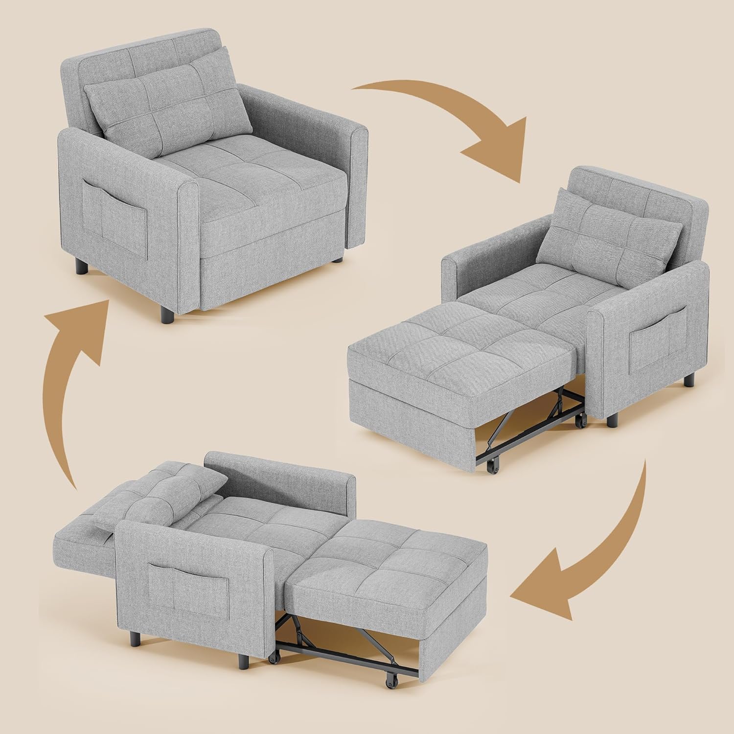 Sofa Bed Chair 3 in 1 Convertible Pullout Single Sleeper Chair Bed Spacious Multifunctional Sofa