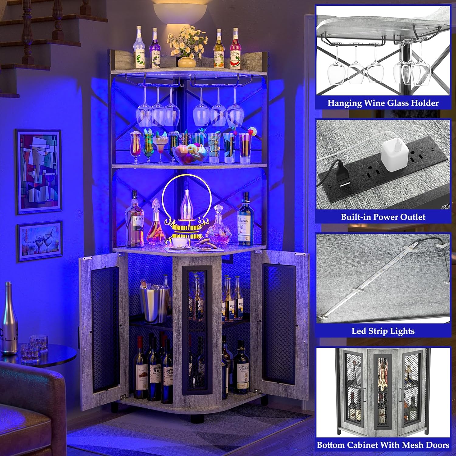 Corner bar cabinet with power socket, industrial style wine cabinet with LED light strip and glass rack, home five-layer wine cabinet bar unit, small space corner display cabinet
