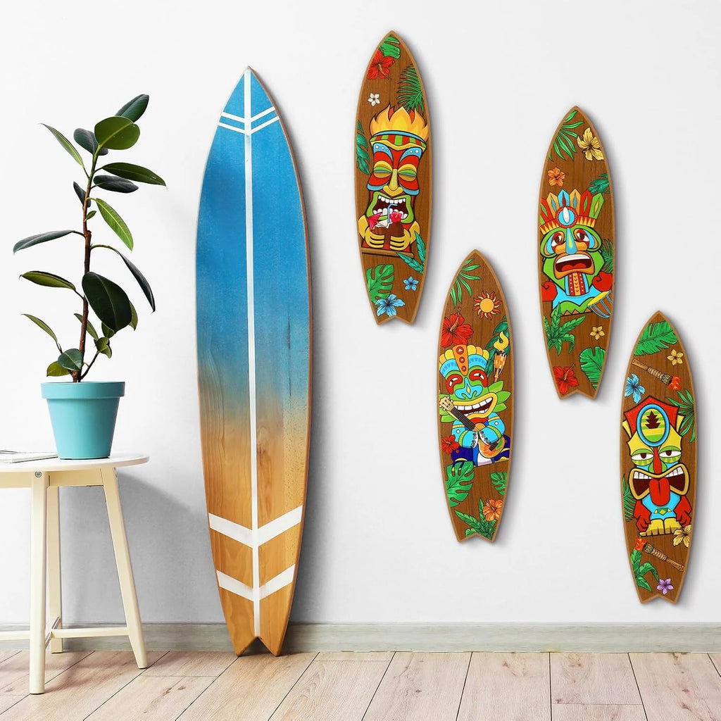 Blulu 4 Pcs Surfboard Wall Decor Surfboard Wall Hanging Sign Wooden Beach Decoration Summer Theme Decor Hawaiian Luau Party Decoration for Home Bar Aloha Tropical Birthday Party(Tiki)