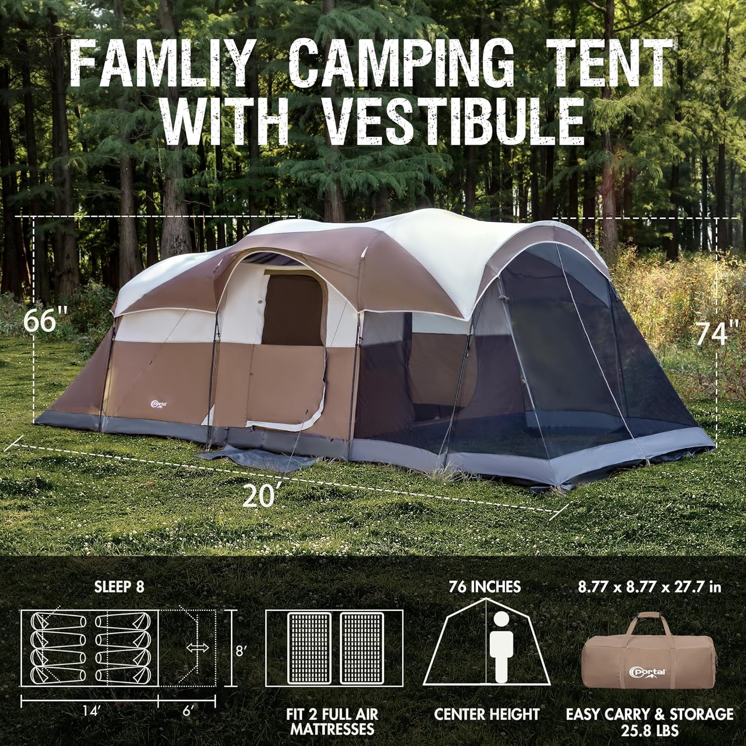 PORTAL 6/8/10 Person Family Camping Tent with Screen Room Water Resistant Big Tunnel Tent