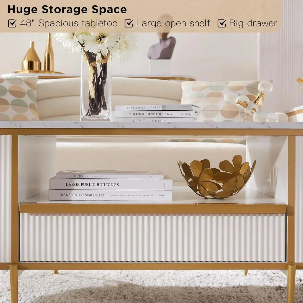 OKD Modern Luxury Grooved Coffee Table 48 Inch Oval Coffee Table Drawers Imitation Marble Top