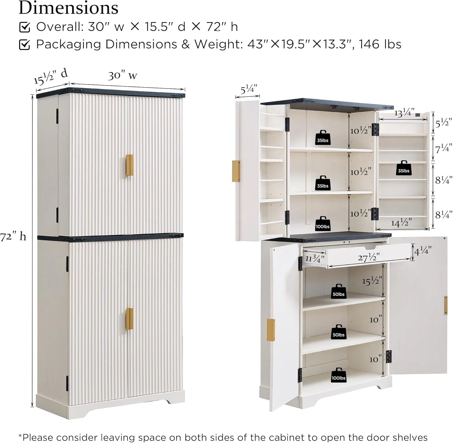 Fluted Pantry Cabinet, 72 Tall Modern Storage Cabinet with 4 Doors, Organizer, Drawer and Adjustable Shelves, Wood Cupboard