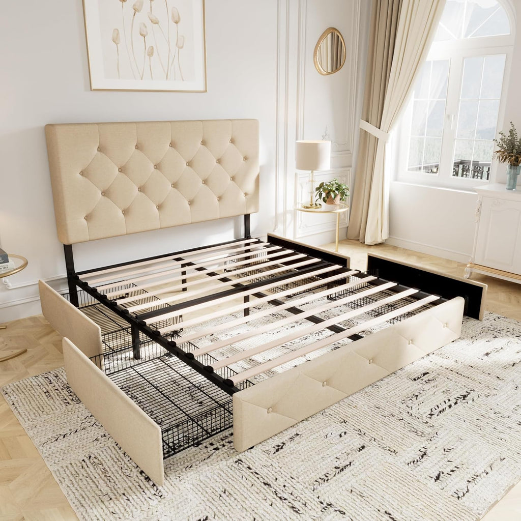 Allewie Upholstered Queen Size Platform Bed Frame with 4 Storage Drawers and Headboard