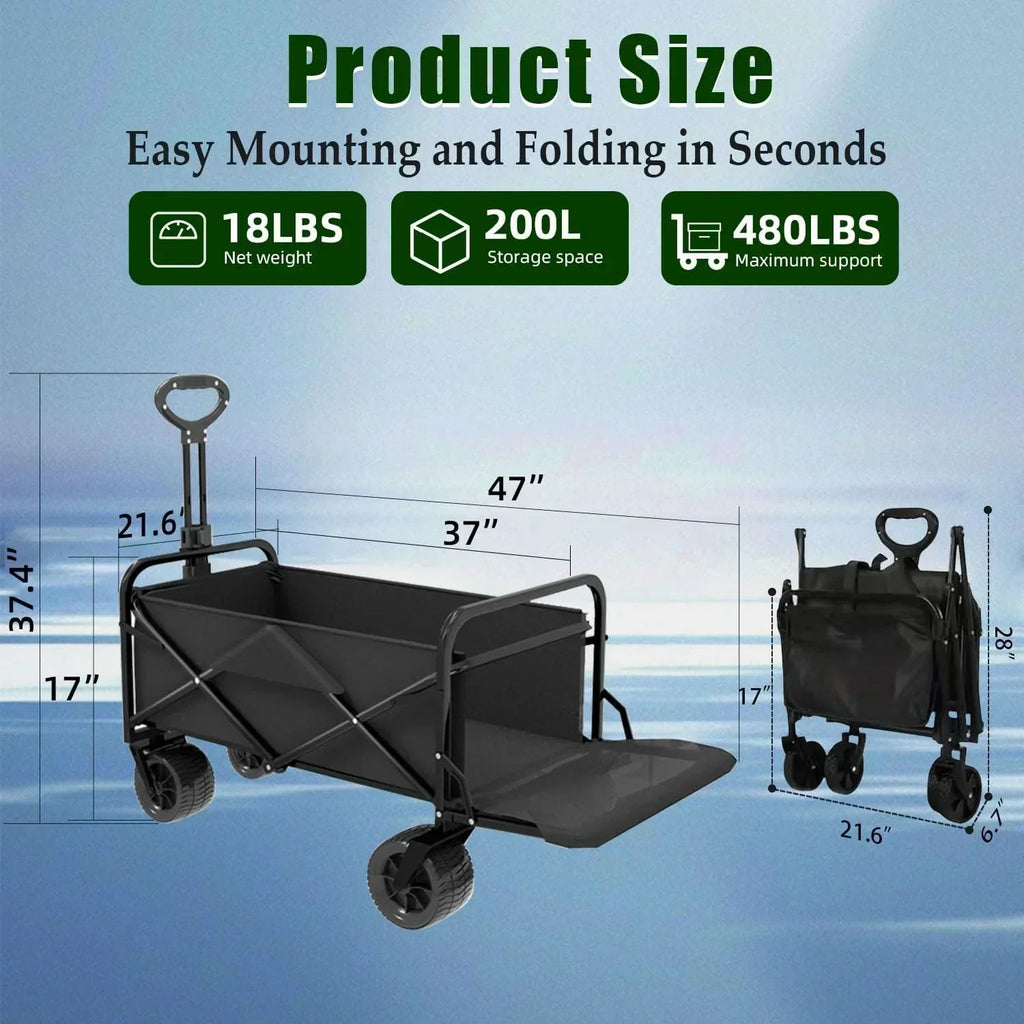 Foldable 4-wheel cart foldable 37 inches long 480 lb capacity heavy-duty beach cart