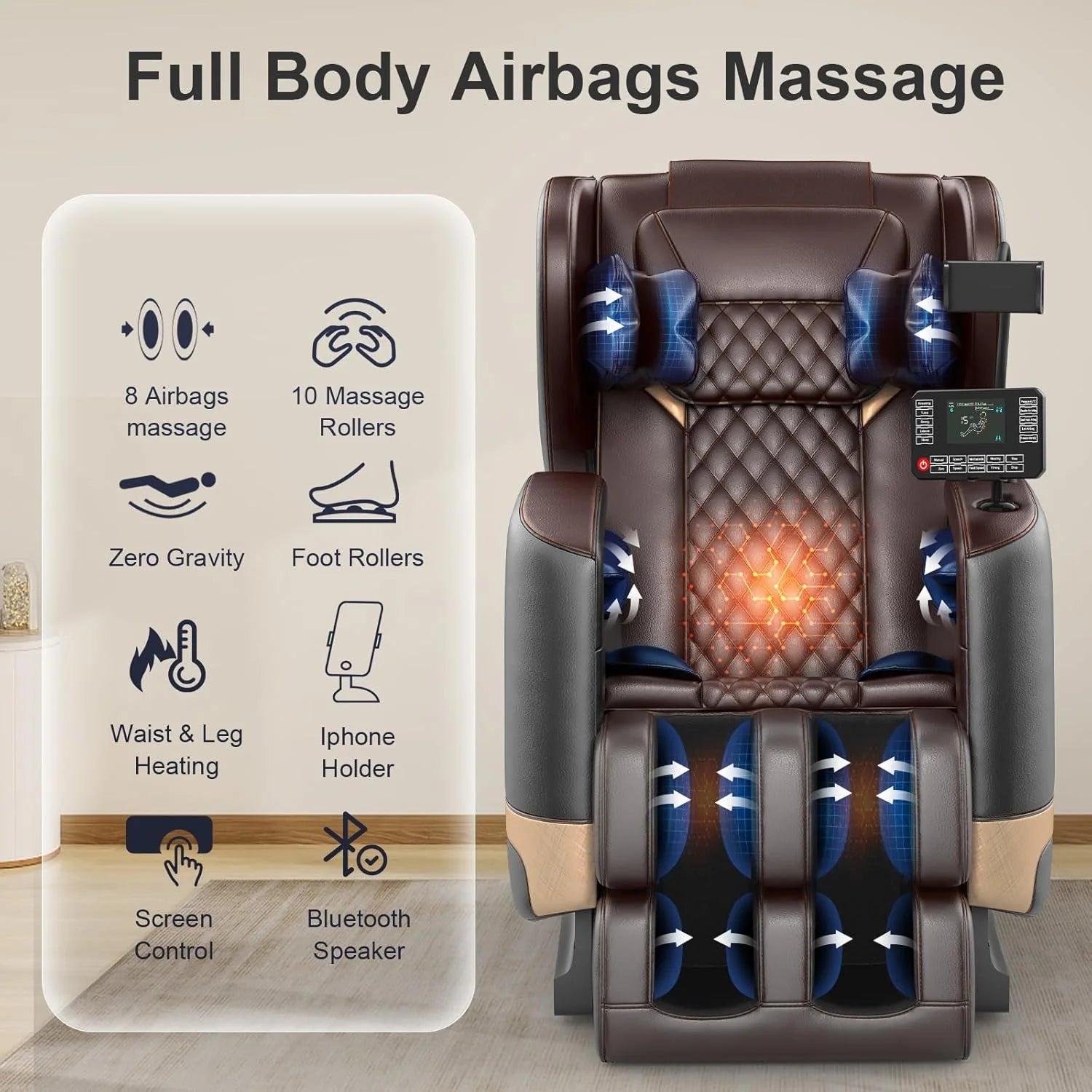 2025 Massage Chair Full Body, Zero Gravity Massage Chair with 10 Fix Rollers, Heating, Foot Massage, Auto Modes, Bluetooth Speaker, Touch Screen Controller (Brown Premium)