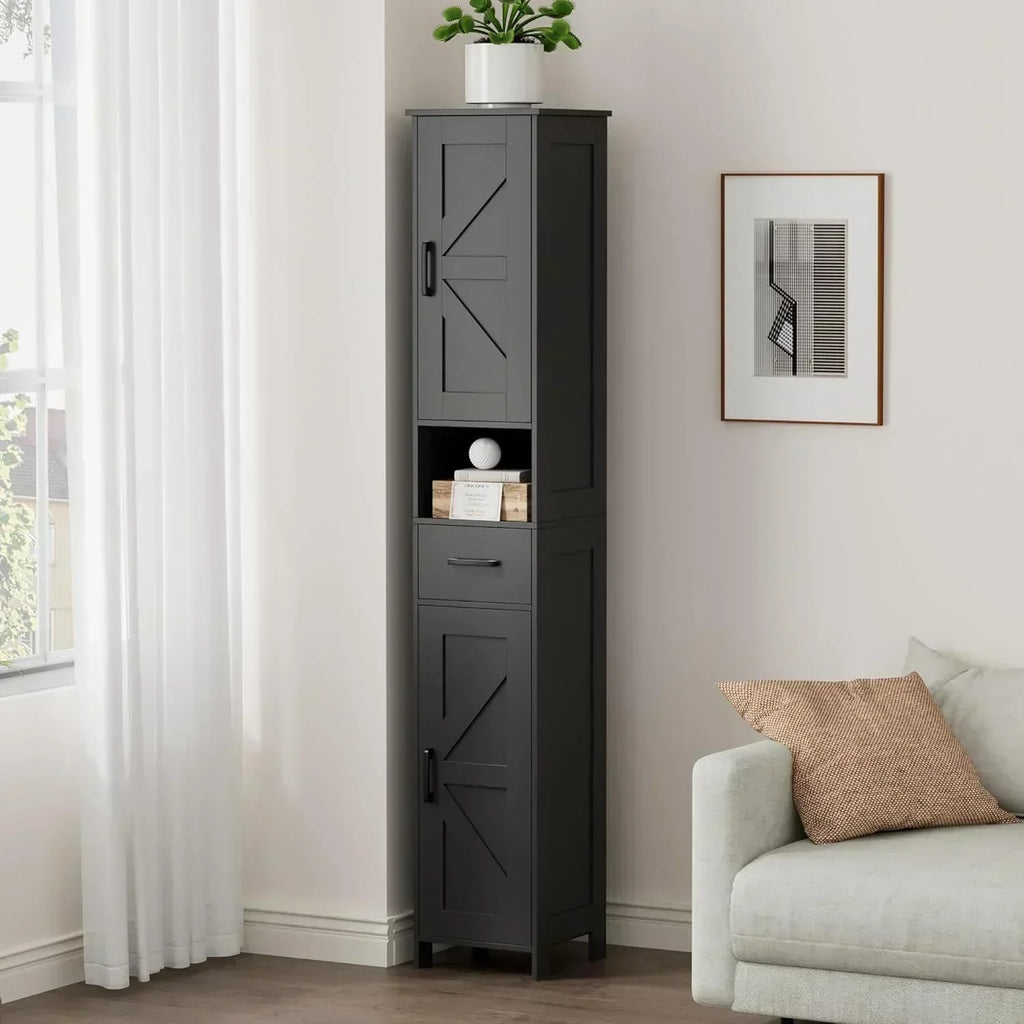 Homhedy 67 H Tall Bathroom Storage Cabinet with 2 Barn Doors and 1 Drawer Narrow Storage Unit