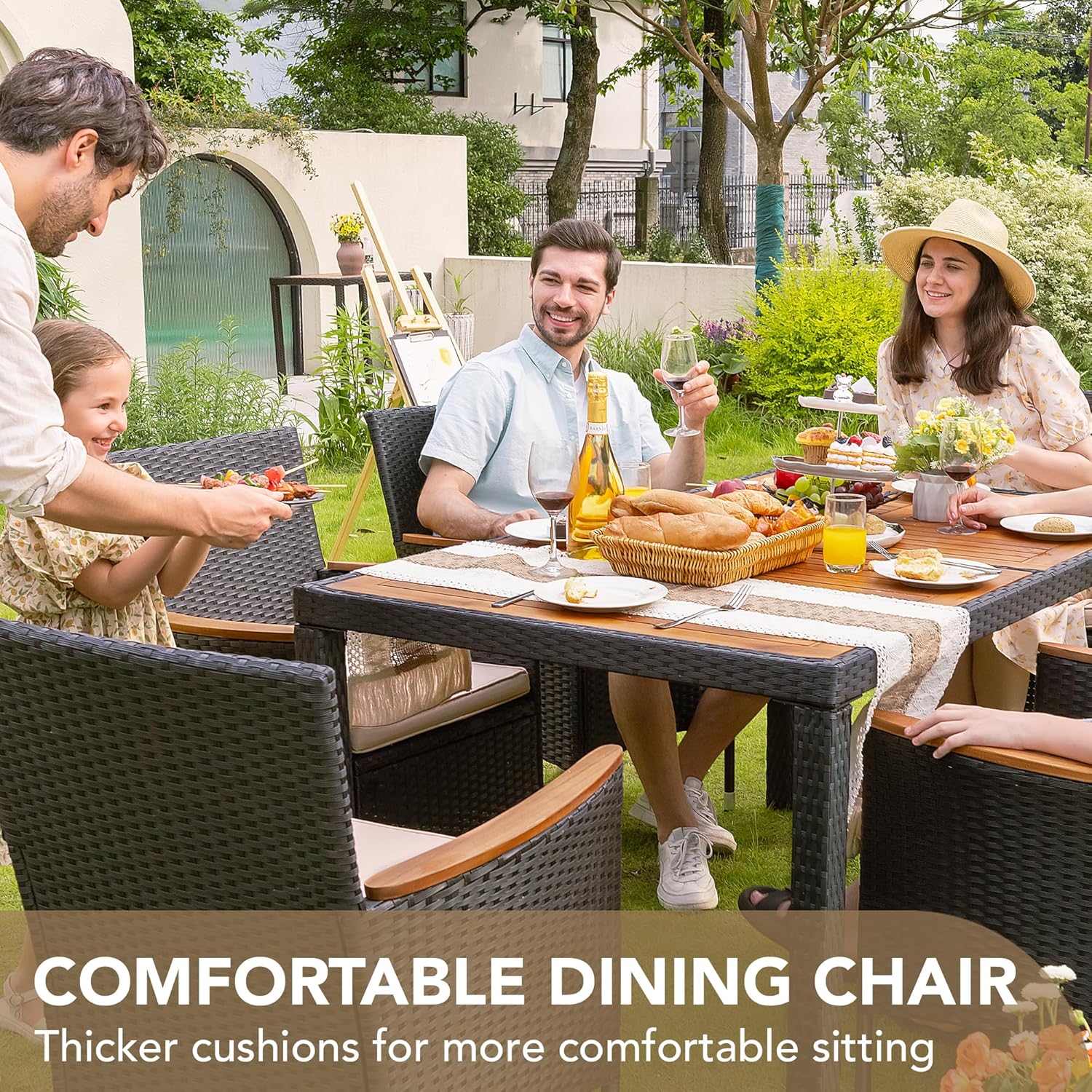 Devoko Dining 7 PCS Furniture Patio Conversation Set with Acacia Wood Table Top Rattan Outdoor