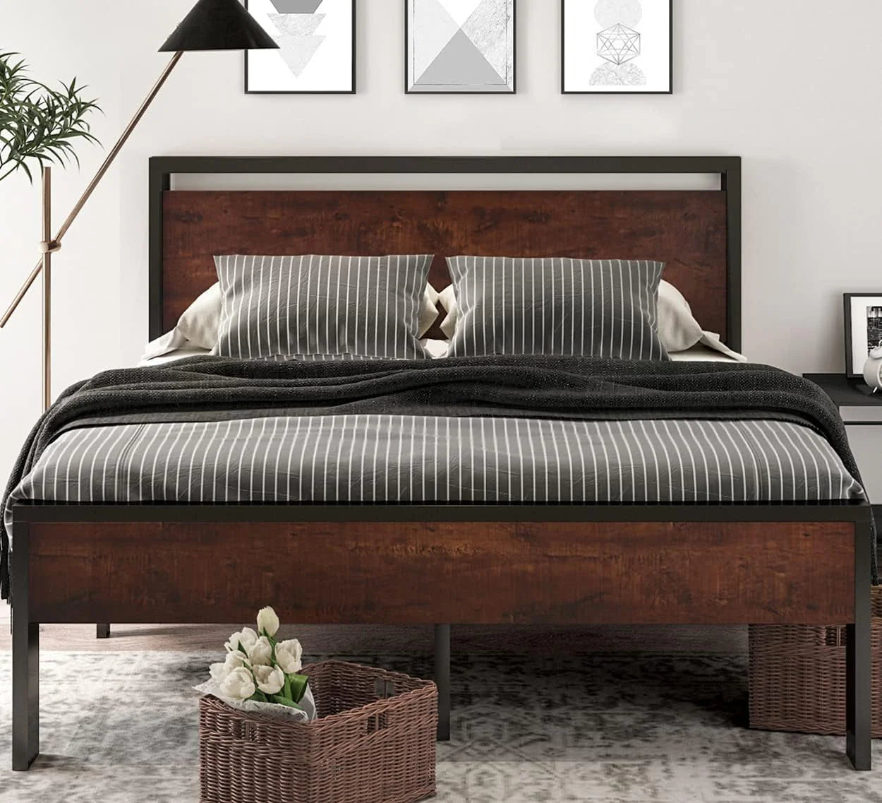 SHA CERLIN 14 Inch Queen Size Metal Platform Bed Frame with Wooden Headboard and Footboard