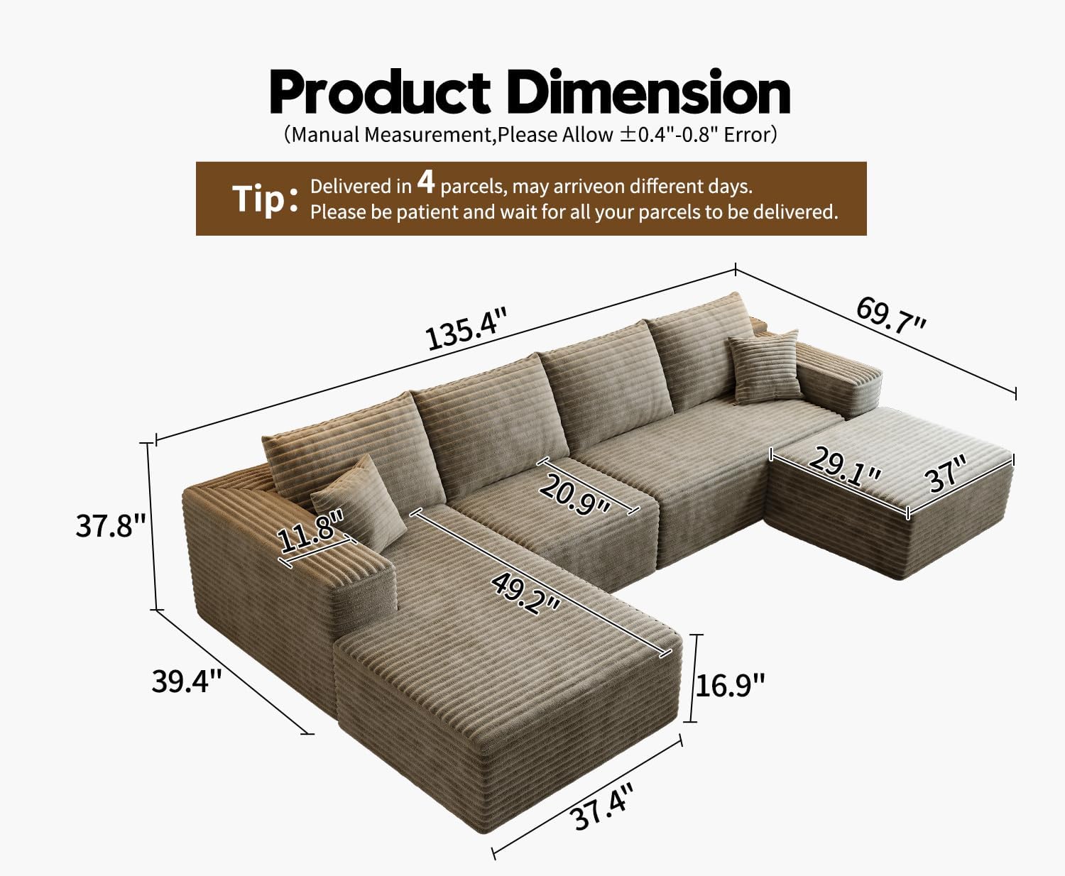 107.5 Cloud Modular Sectional Sofa Couch with L-Shape Chaise,Modern Minimalist Upholstered Couches