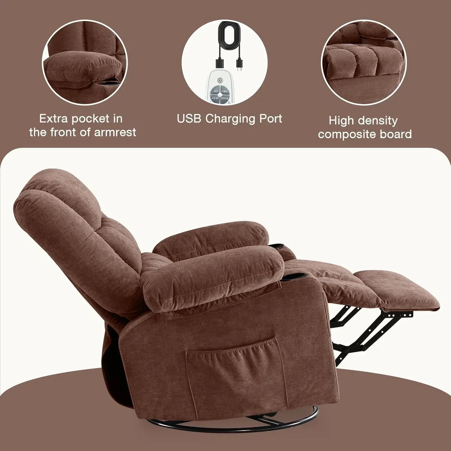 Massage rotating rocking lounge chair with vibration massage and calorie metering functions