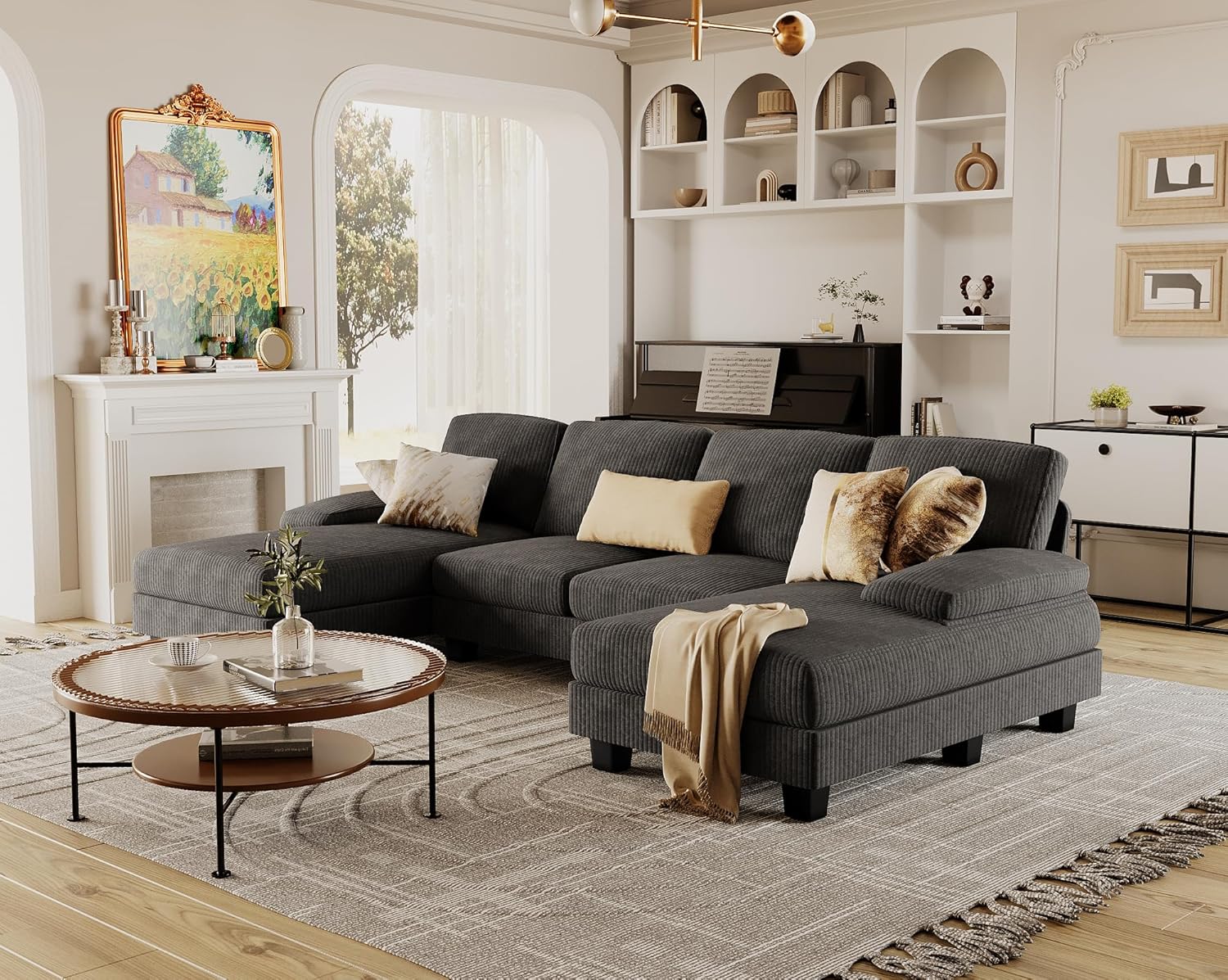 Furmax Sectional Couches for Living Room U-Shaped Sofa Couch Linen Fabric 4 Seat Sofa Set