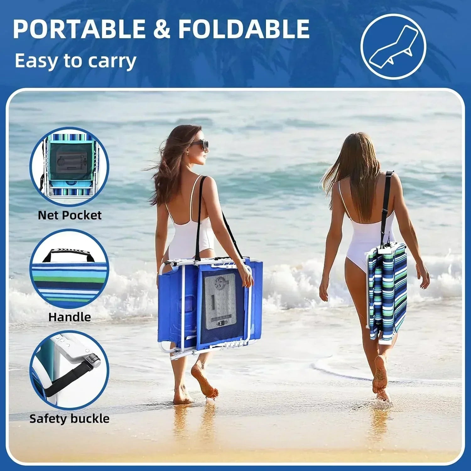 3-in-1 Beach Chair Face Holes Lounge Chair Outdoor with Folding Side Table 5-Position Recliner