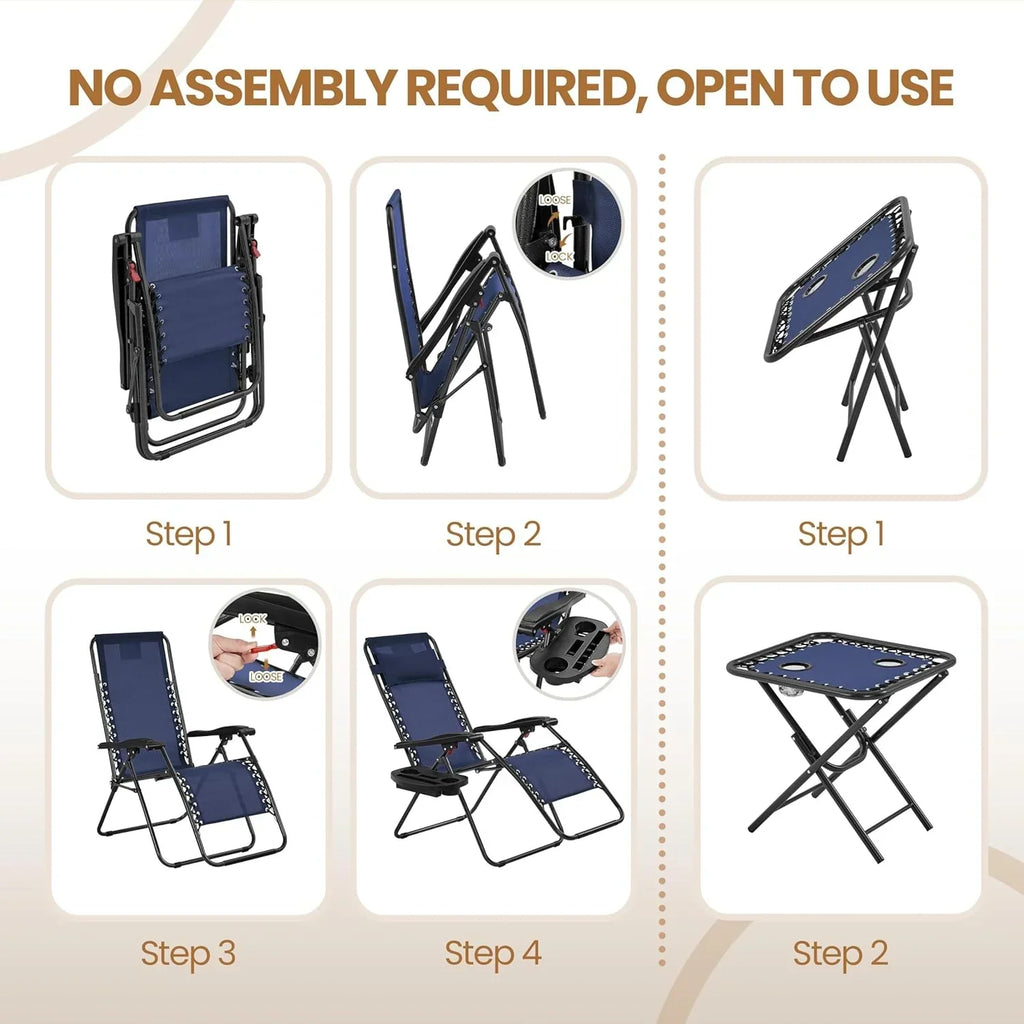 3PCS Zero Gravity Recliner Portable Outdoor Reclining Chair Set Side Table Lounge Chairs