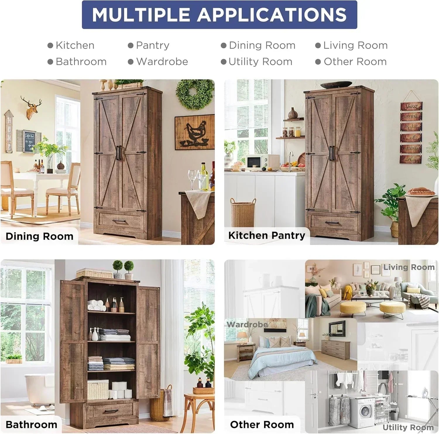 JXQTLINGMU Farmhouse Kitchen Pantry 72 Tall Wood Kitchen Storage Cabinet Adjustable Shelves