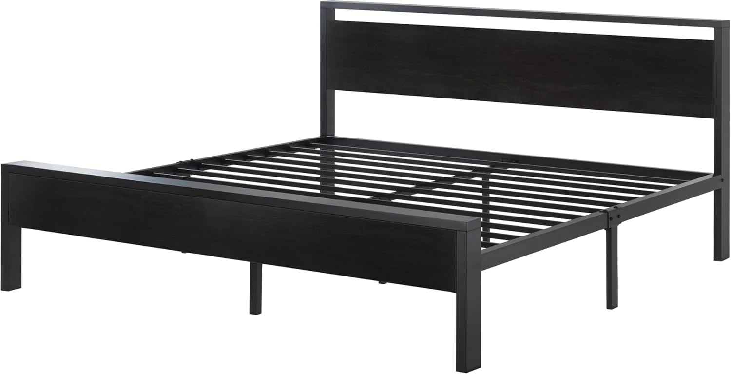 SHA CERLIN 14 Inch Full Size Metal Platform Bed Frame with Wooden Headboard and Footboard