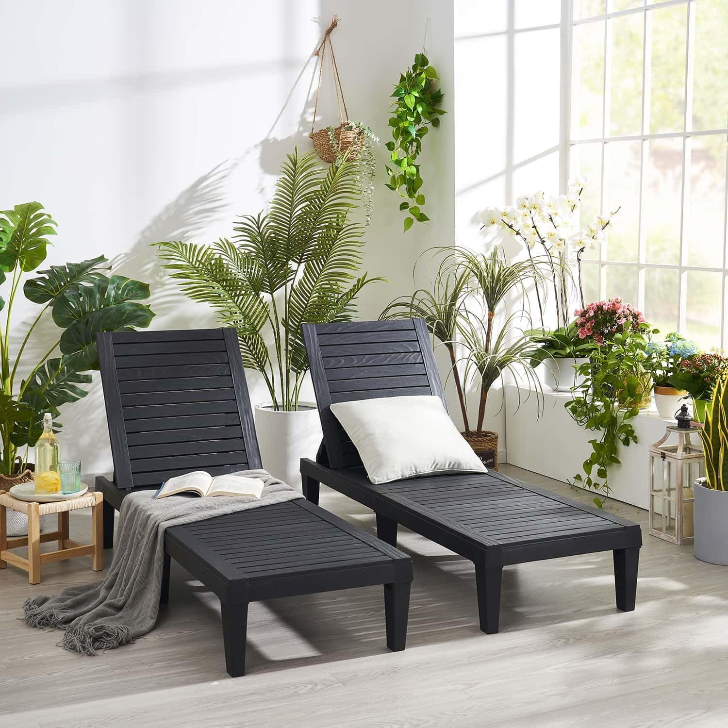 Patio Chairs Black Chaise Lounge Chair Outdoor 5-Position Adjustable Sun Tanning Chair