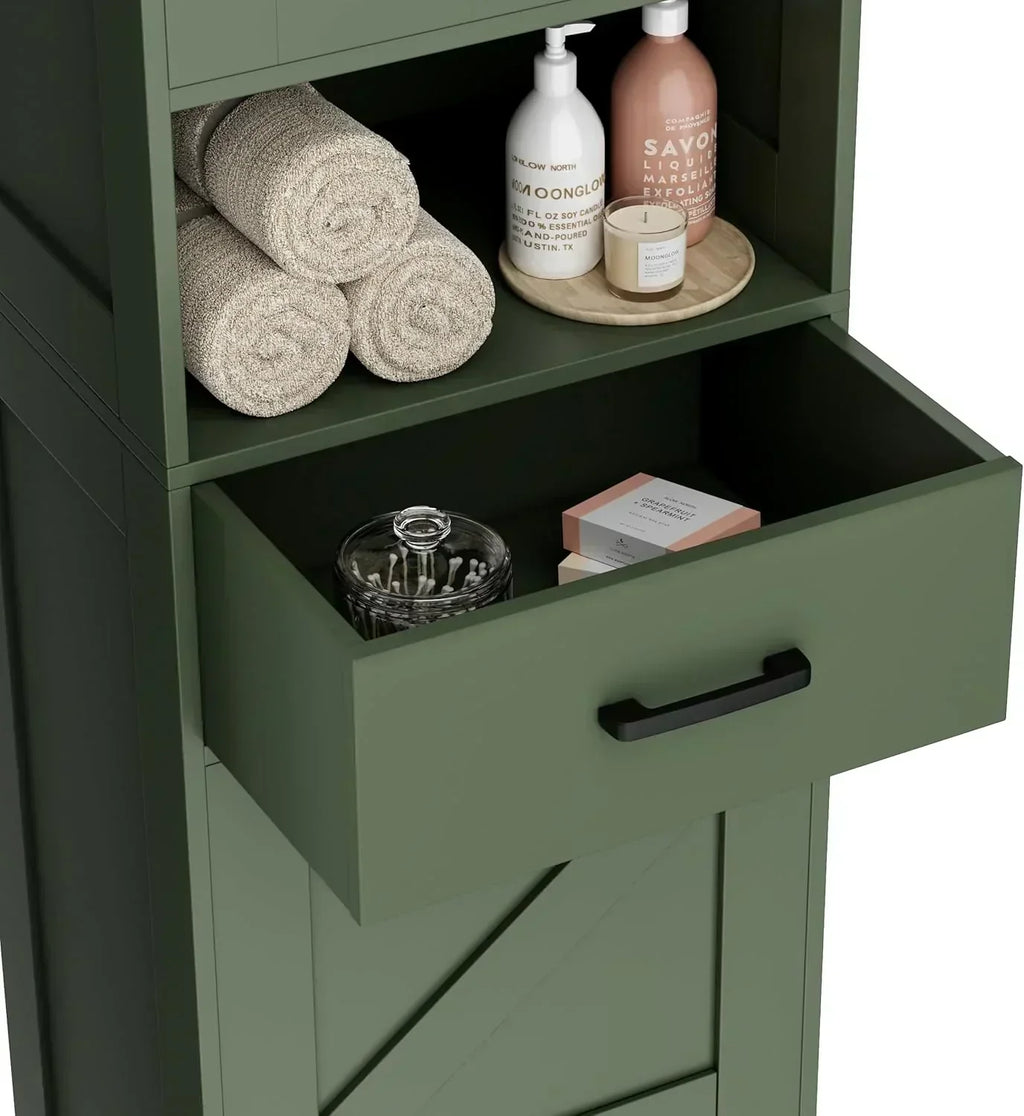 Homhedy 67 H Tall Bathroom Storage Cabinet with 2 Barn Doors and 1 Drawer Narrow Storage Unit