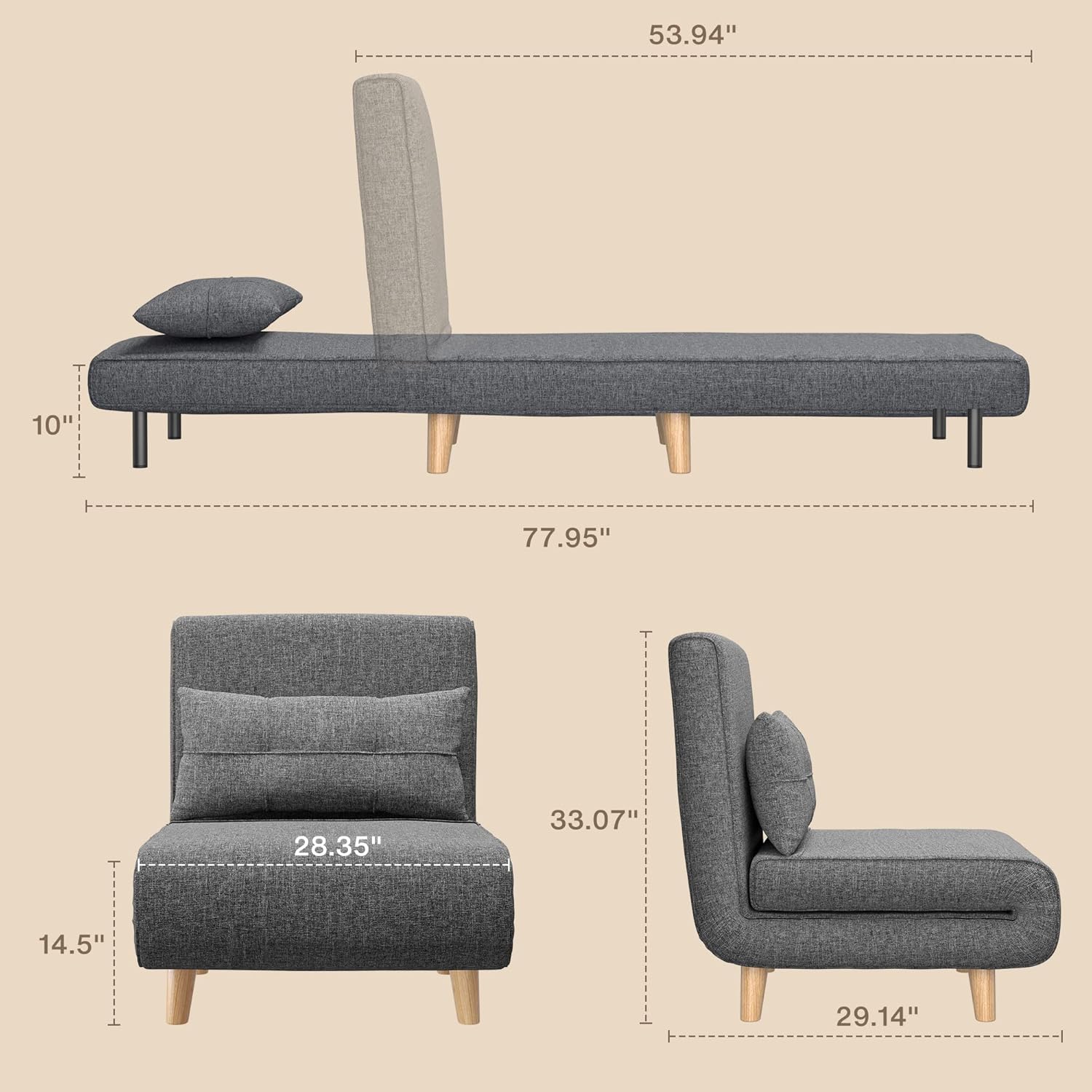 3-in-1 sleeper chair bed convertible chair bed futon sofa with adjustable backrest