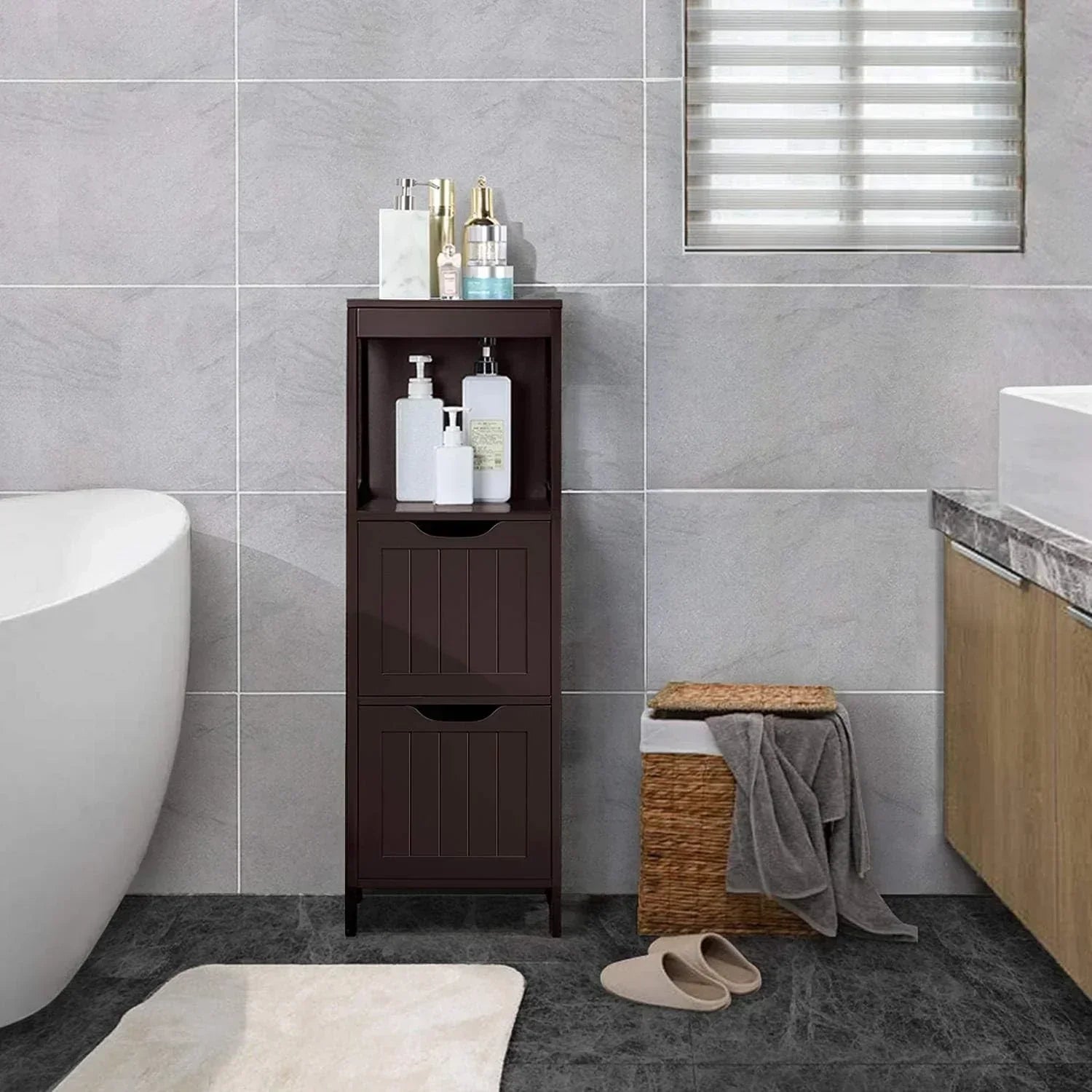 Bathroom Floor Cabinet Wooden Storage Cabinet with 2 Drawers Multifunctional Side Organizer Rack