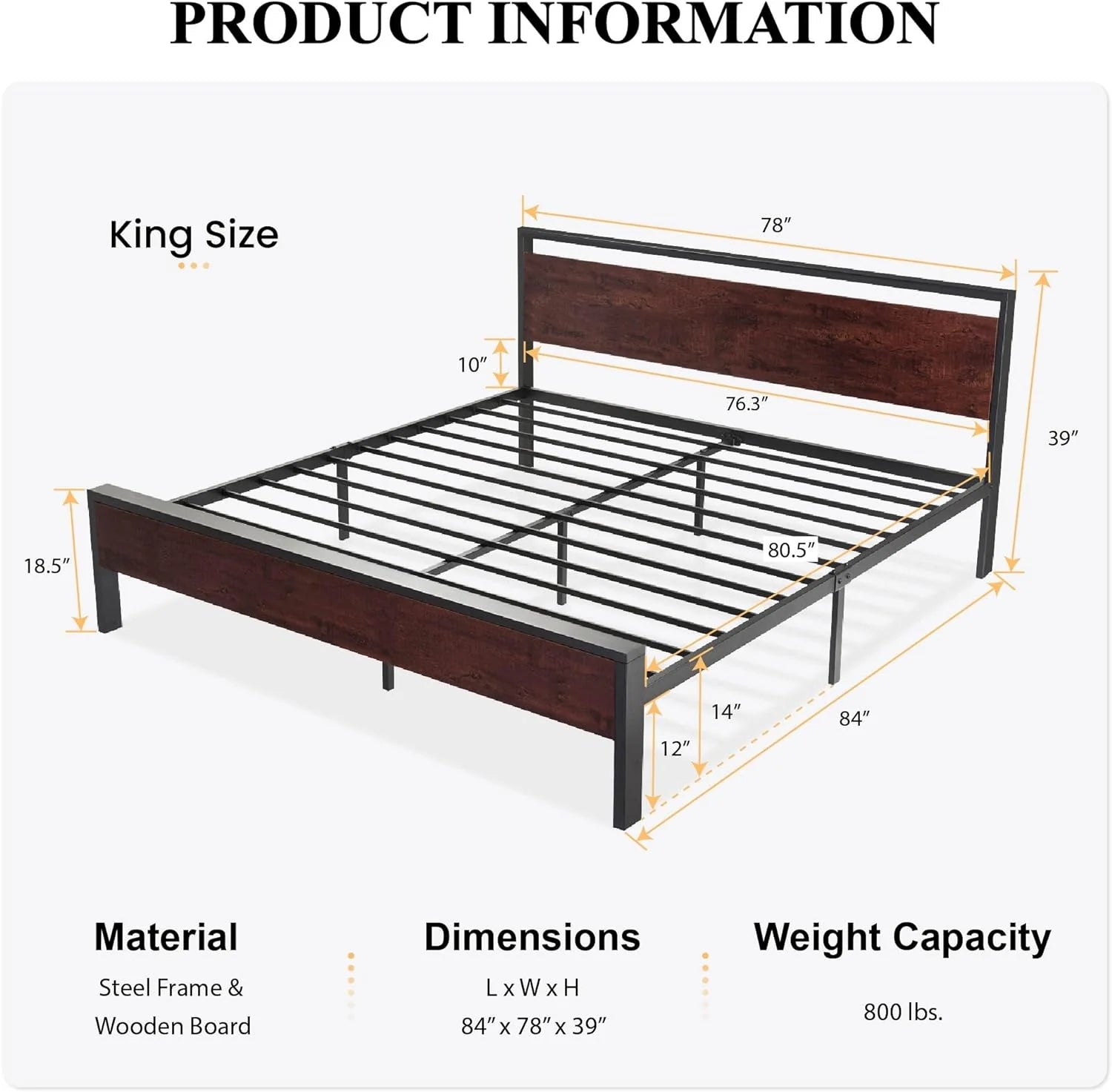 SHA CERLIN 14 Inch Queen Size Metal Platform Bed Frame with Wooden Headboard and Footboard