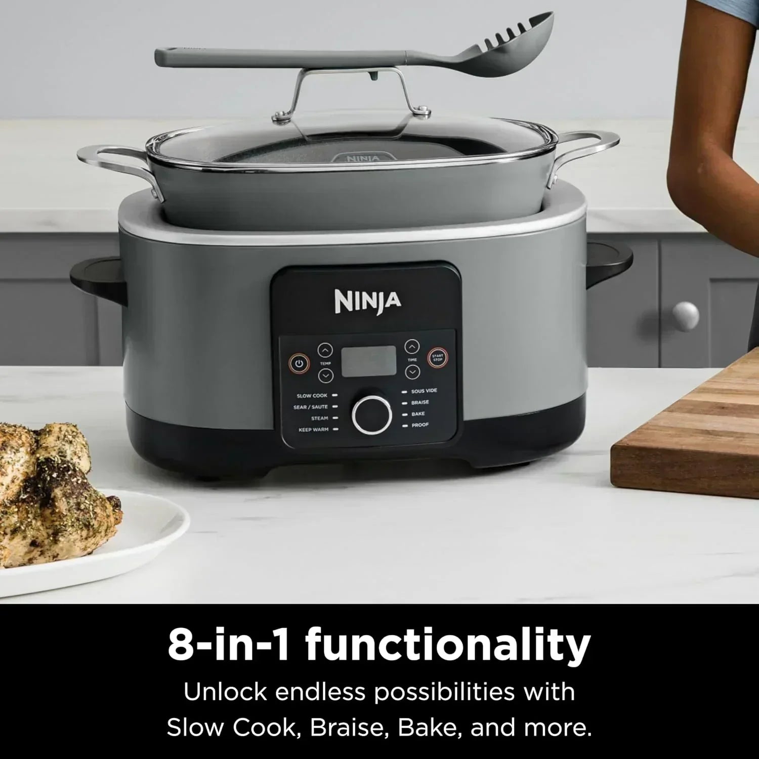 Ninja Slow Cooker 8.5 Quart Multi Cooker with Dutch oven steamer glass lid with integrated spoon