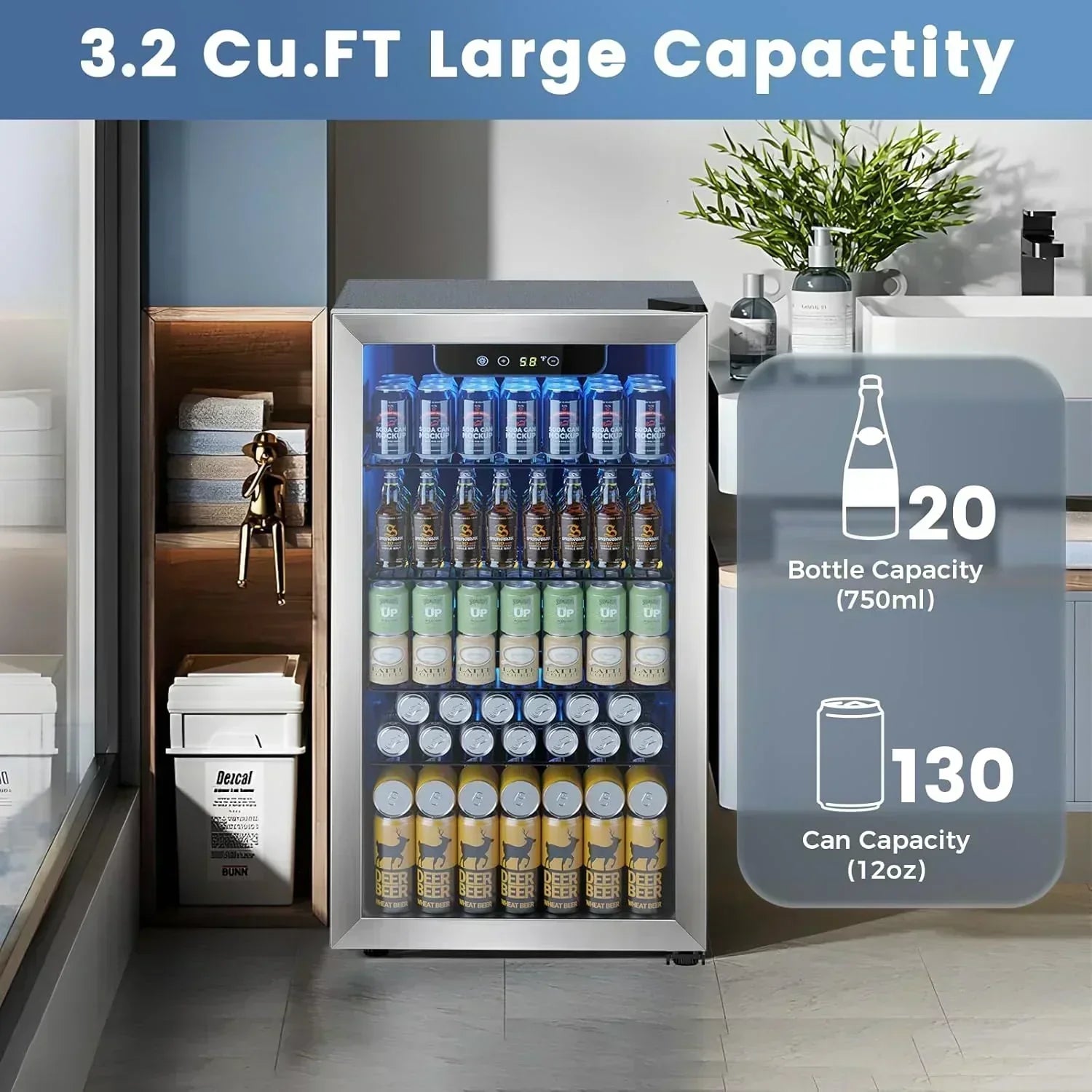 Mini Fridge 130 Can Beverage Refrigerator Cooler Drink Fridge Adjustable Temperature Control