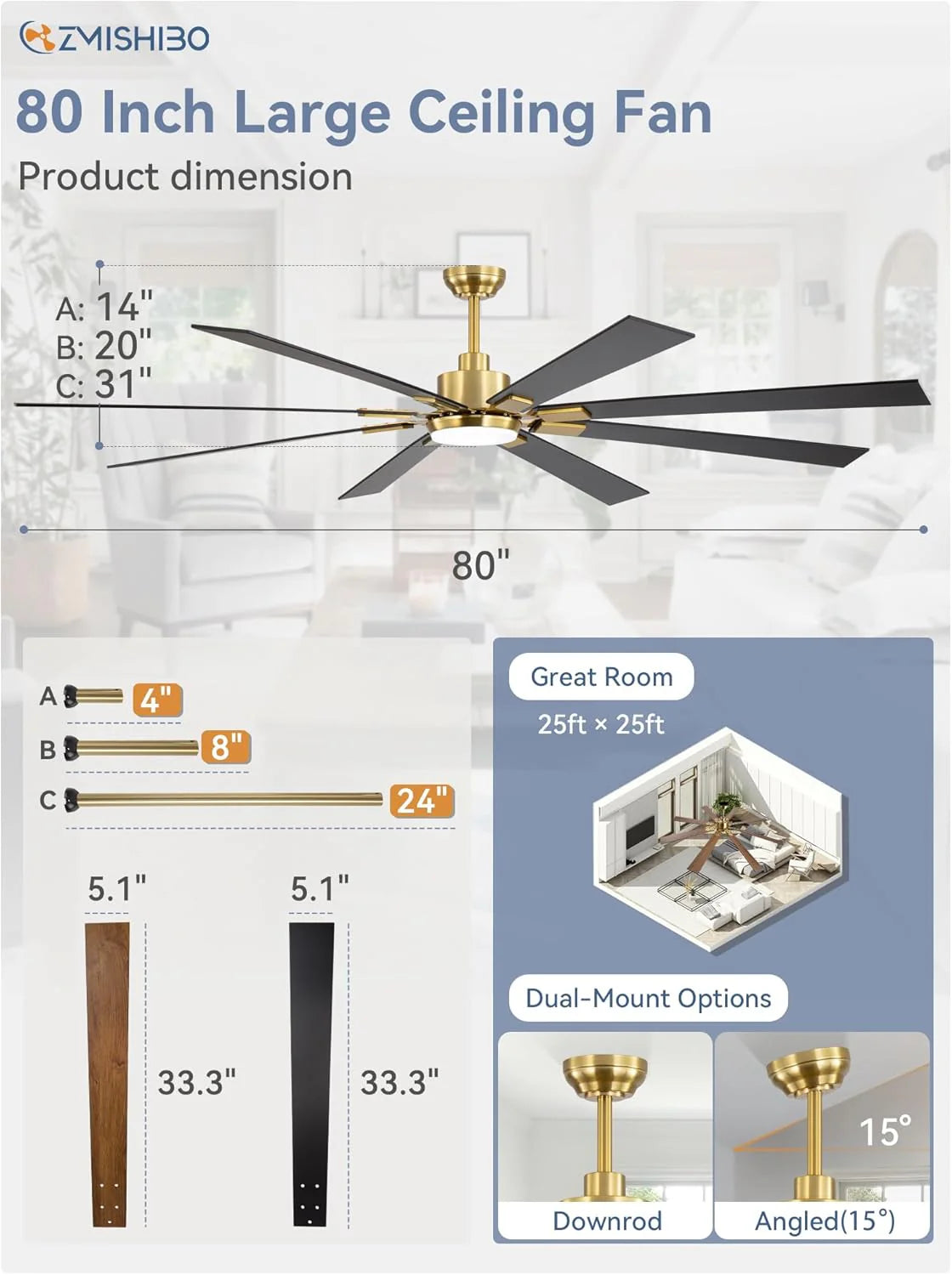 ZMISHIBO 72 inch Large Ceiling Fans with Lights and Remote, Indoor/Outdoor Black Modern Ceiling Fan for Kitchen Living Room Patio, 6 Speed Reversible Quiet DC Motor, 3 CCT, Dual Finish 8 Blades