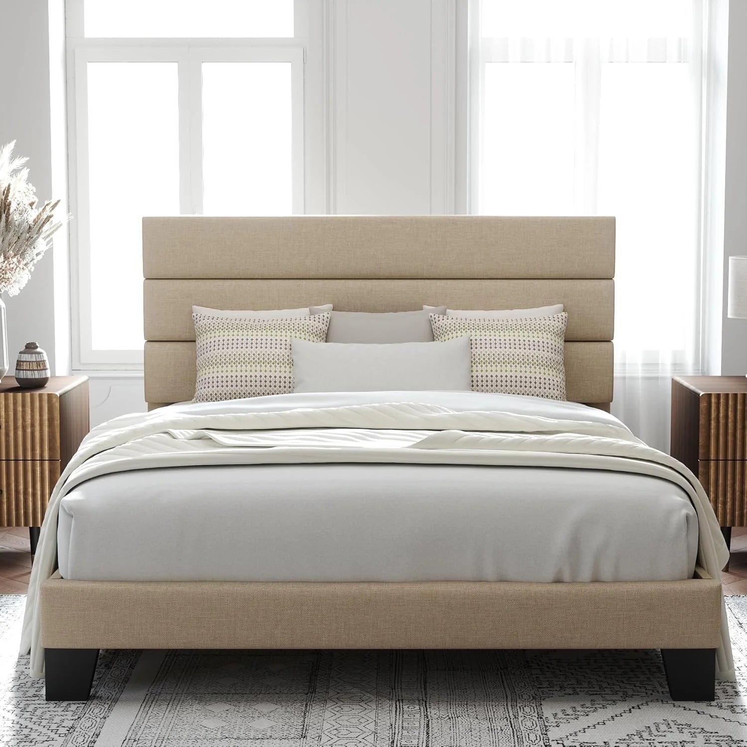 Allewie Queen Size Platform Bed Frame Fabric Upholstered Headboard Wooden Slats Support