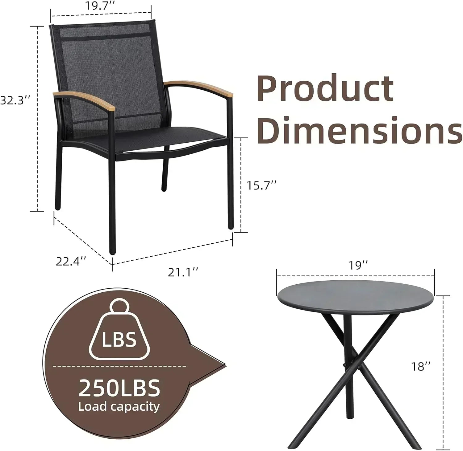 Shintenchi 3 Pieces Patio Bistro Sets Outdoor Textilene Fabric Conversation Bistro Set