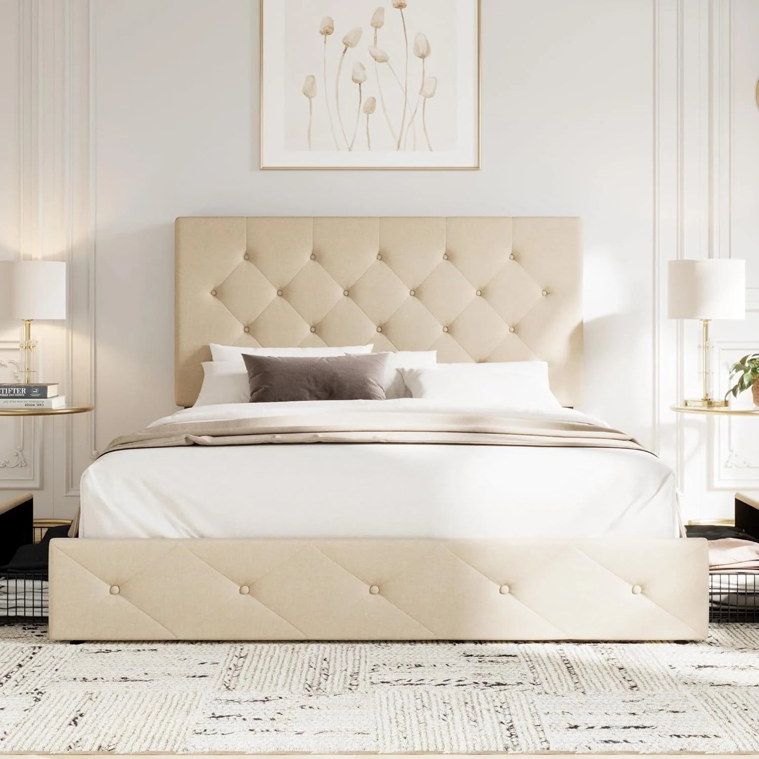 Allewie Upholstered Queen Size Platform Bed Frame with 4 Storage Drawers and Headboard