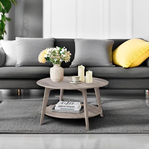 VASAGLE Round Coffee Table 2 Tier Coffee Table with Storage for Living Room 31.5 x 17.7 Inches