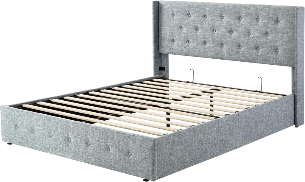 Allewie Queen Size Lift Up Storage Bed Modern Wingback Headboard Hydraulic Support