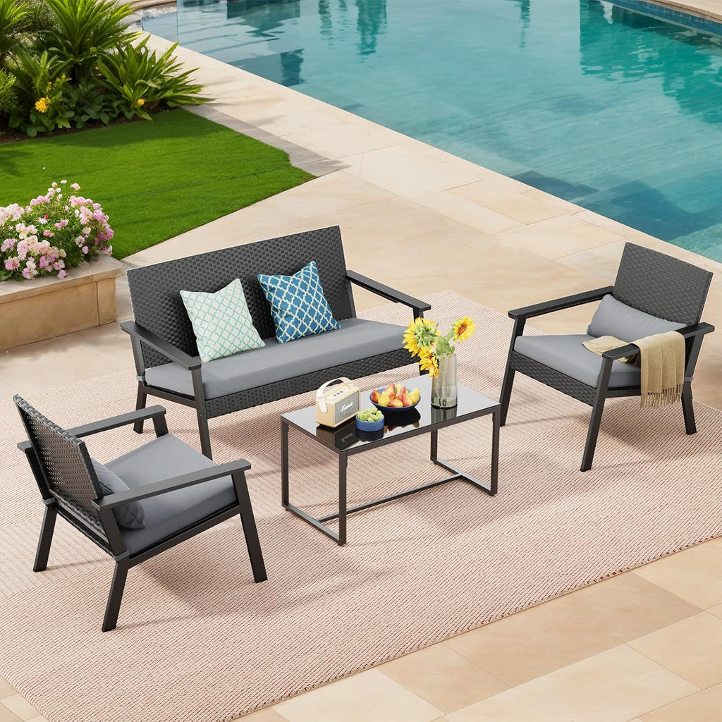 Ahomly 4-Piece Outdoor Wicker Patio Furniture Set with Deep Seating Cushions and Table for Balcony, Backyard, and Porch (Gray)