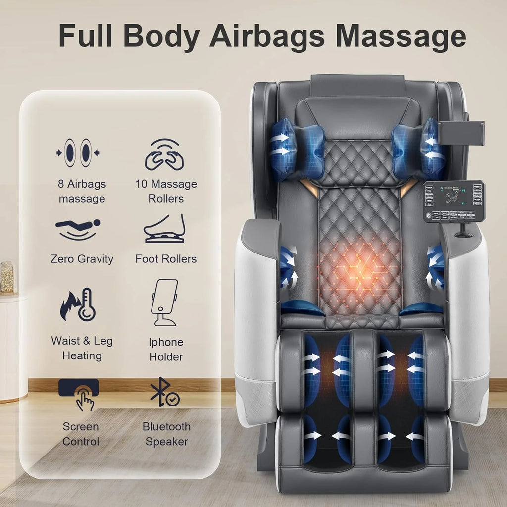 2025 Massage Chair Full Body, Zero Gravity Massage Chair with 10 Fix Rollers, Heating, Foot Massage, Auto Modes, Bluetooth Speaker, Touch Screen Controller (Brown Premium)