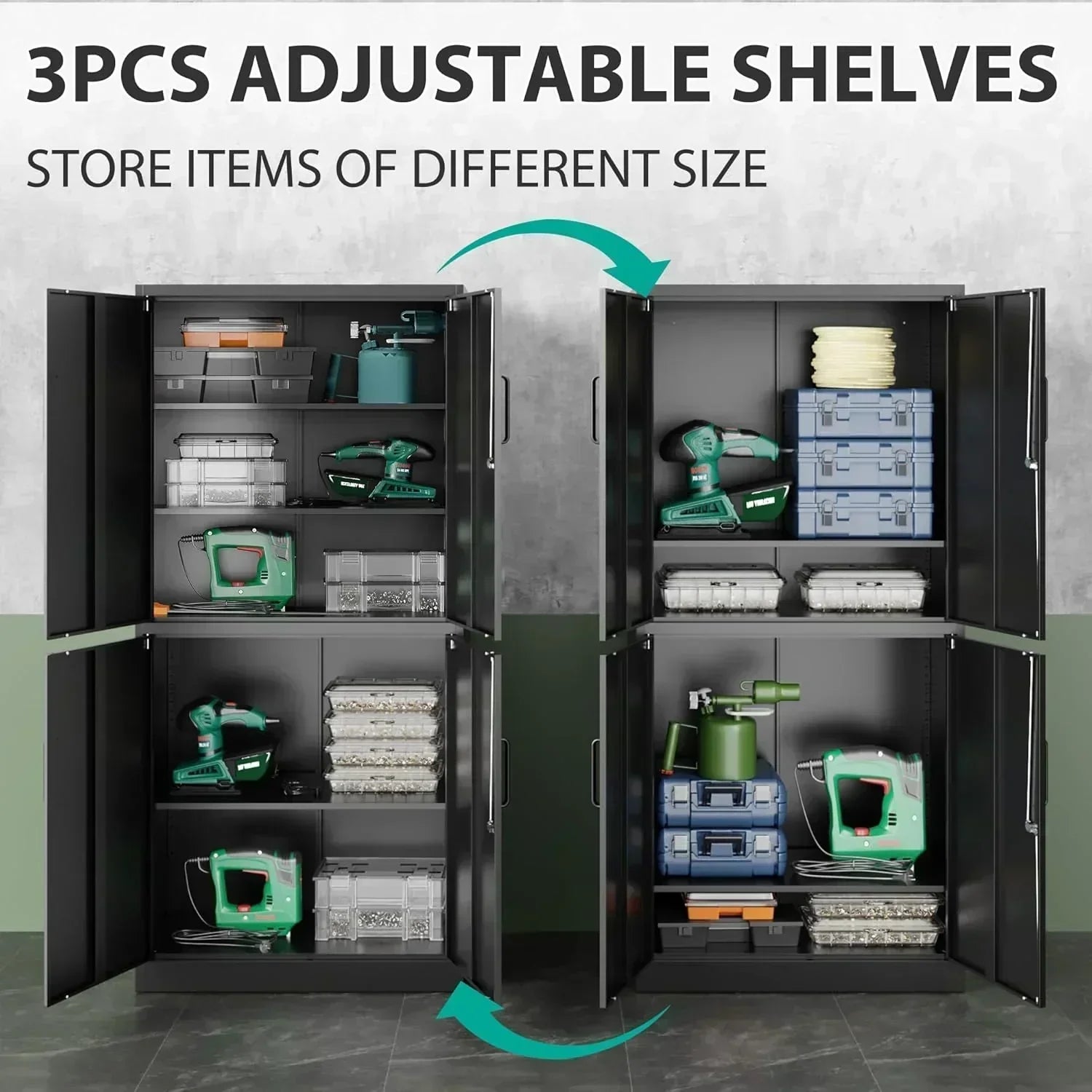 Metal Storage Cabinet with 2 Doors and 6 Shelves Black Metal Cabinet Garage Storage Cabinet