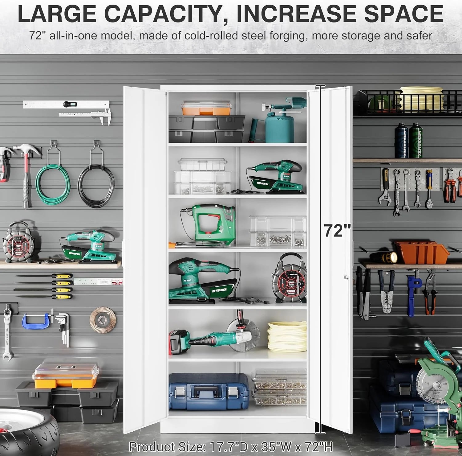 Metal Storage Cabinet with 2 Doors and 6 Shelves, Black Metal Cabinet with Lock, 71 Inch Lockable Garage Storage Cabinet