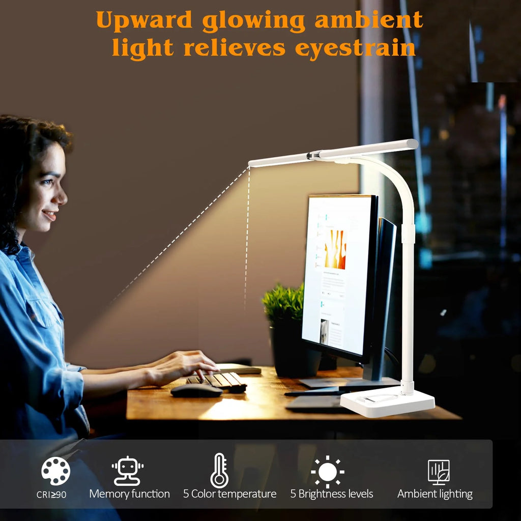 LED Desk Lamp for Home Office Double Head 24W Architect Light with 5 Brightness Levels Flexible Gooseneck