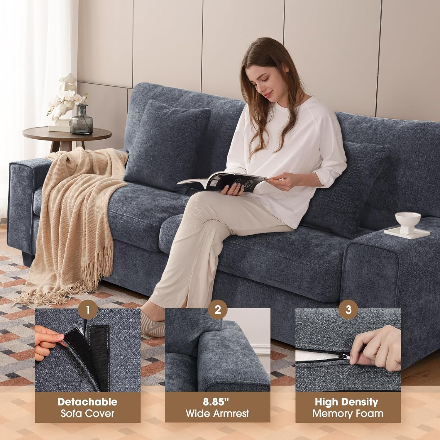 DOPEDIO living room double sofa chenille lounge chair removable solid wood frame