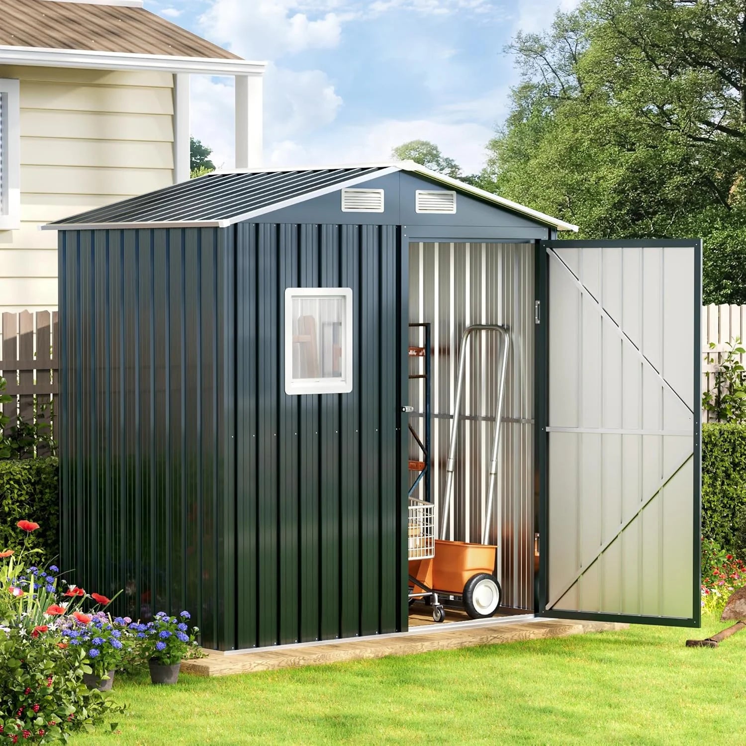 Breezz 8X10FT Outdoor Steel Storage Shed Lockable Doors Weather-Resistant Metal Tool Shed