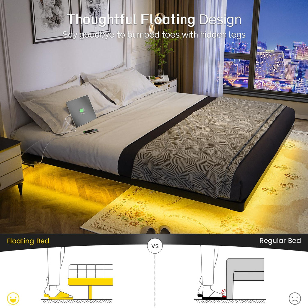 OLEVS Floating Bed Frame Queen Size with Smart LED Lights Modern Metal Platform Bed