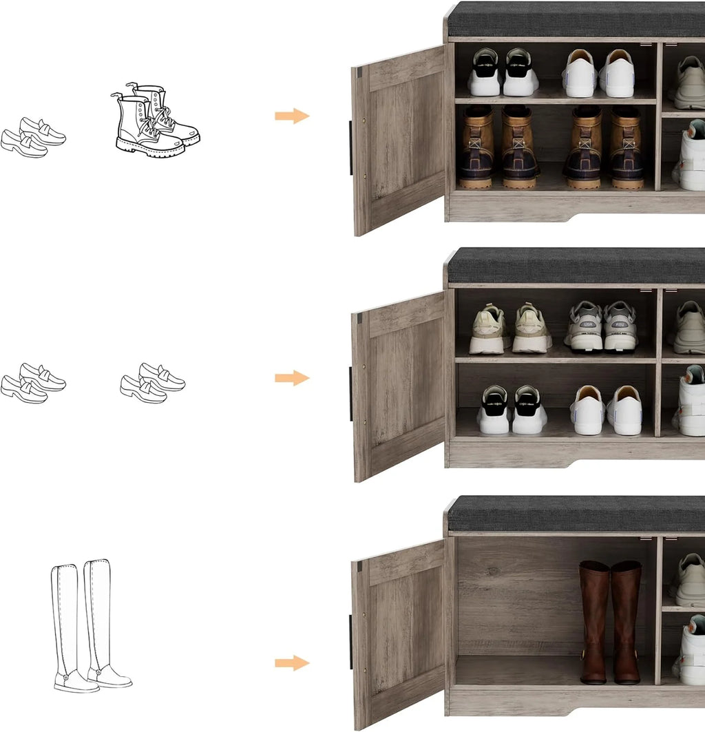 2-Tier Storage Bench, Shoe Bench with Thickened Padded Seat Cushion, Entryway Bench with 4 Doors, Adjustable Shelf