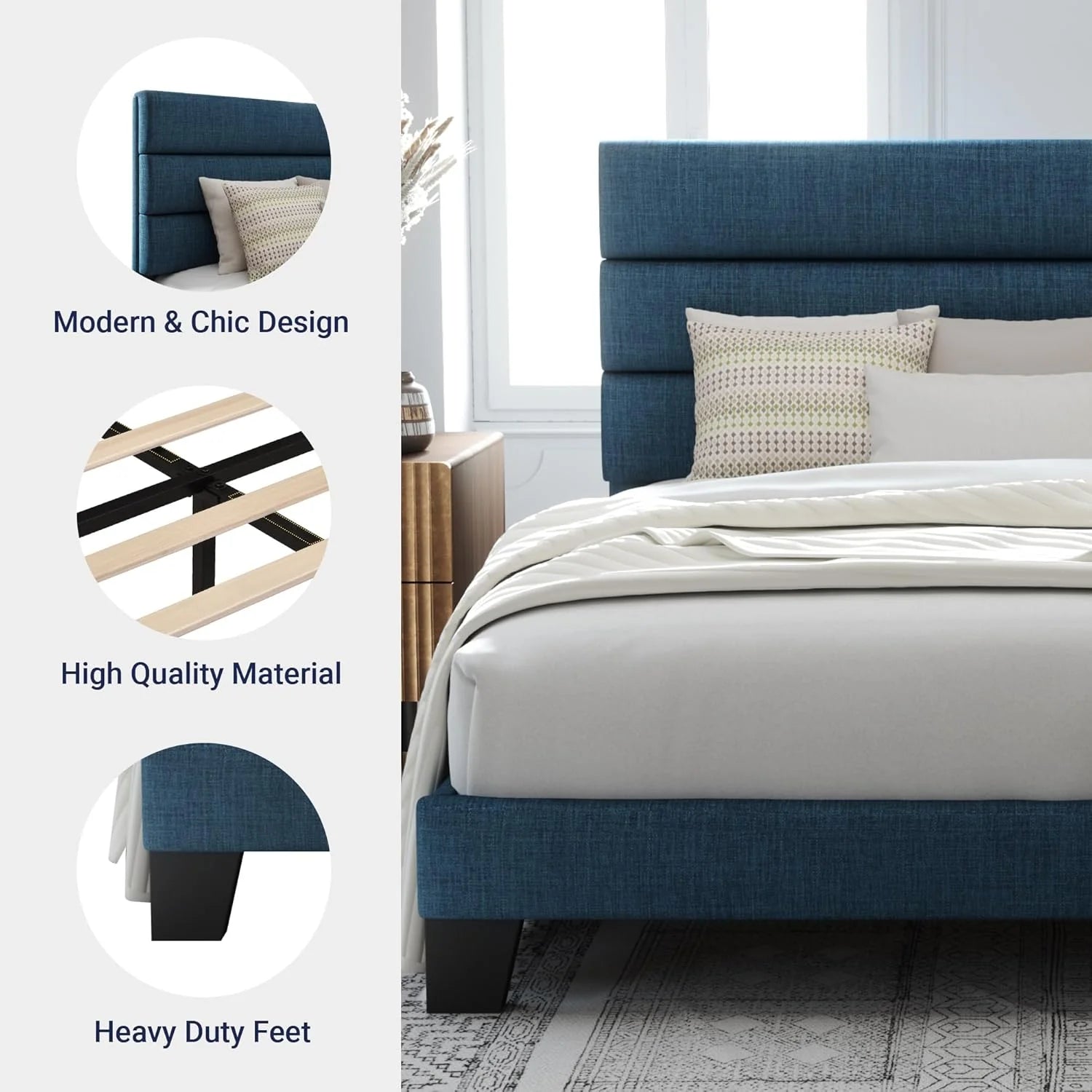 Allewie Queen Size Platform Bed Frame Fabric Upholstered Headboard Wooden Slats Support