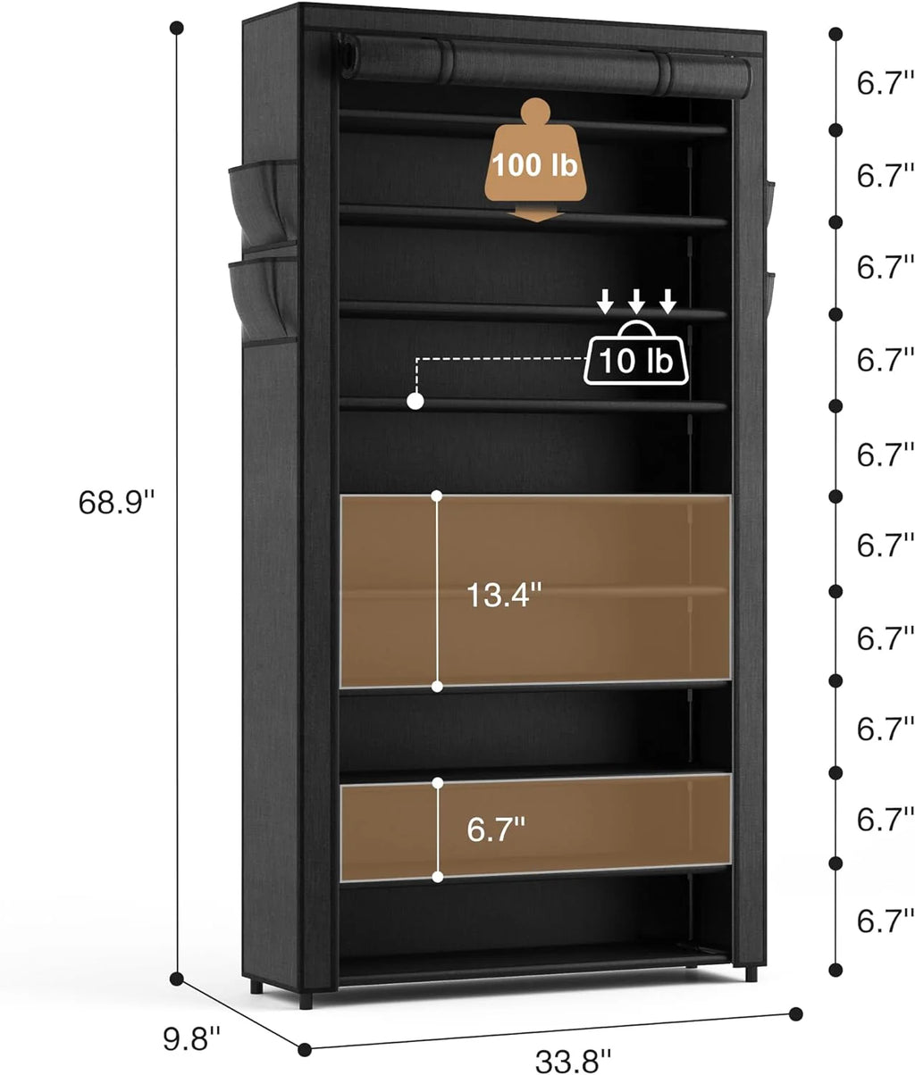 ROJASOP 10 Tier Shoe Rack with Covers Large Capacity Stackable Tall Shoe Shelf Storage