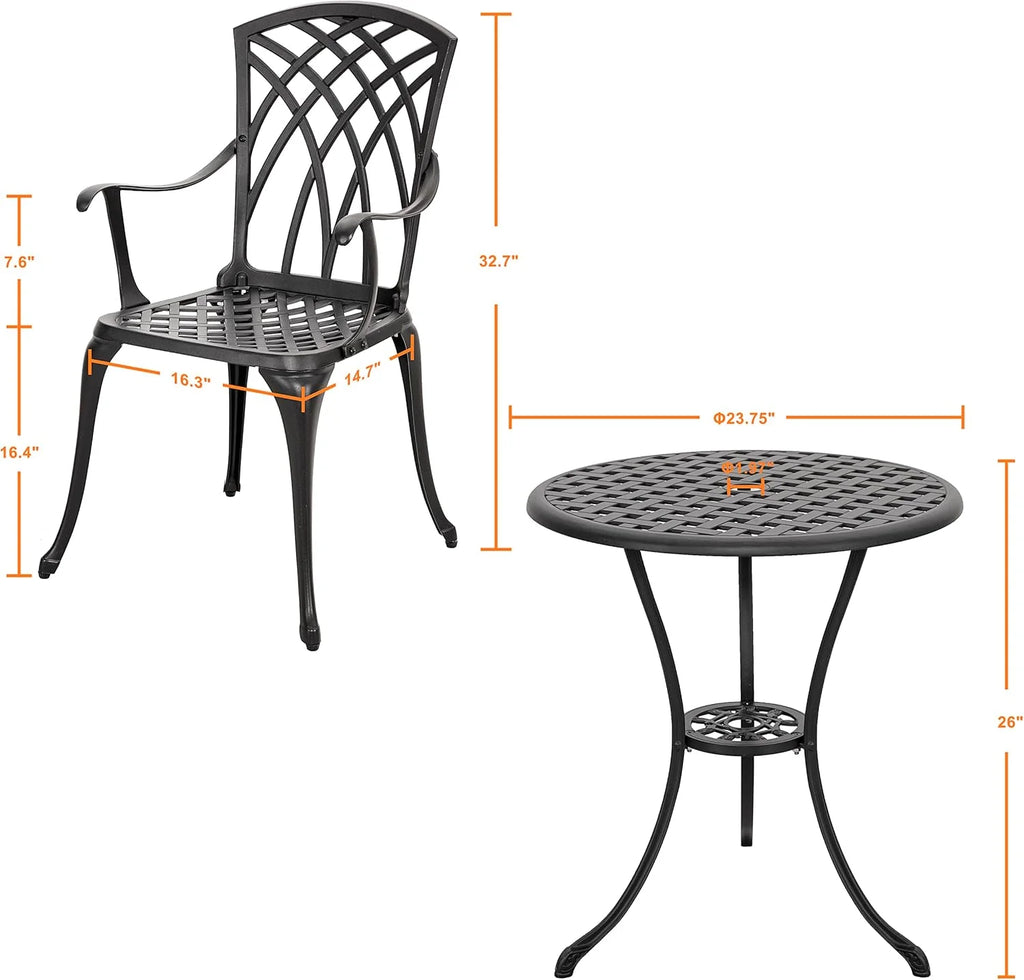 NUU GARDEN Bistro Set 3 Piece Outdoor Cast Aluminum Patio Bistro Set Patio Table and Chairs Set of 2 with Umbrella Hole and Gray Cushions, Black