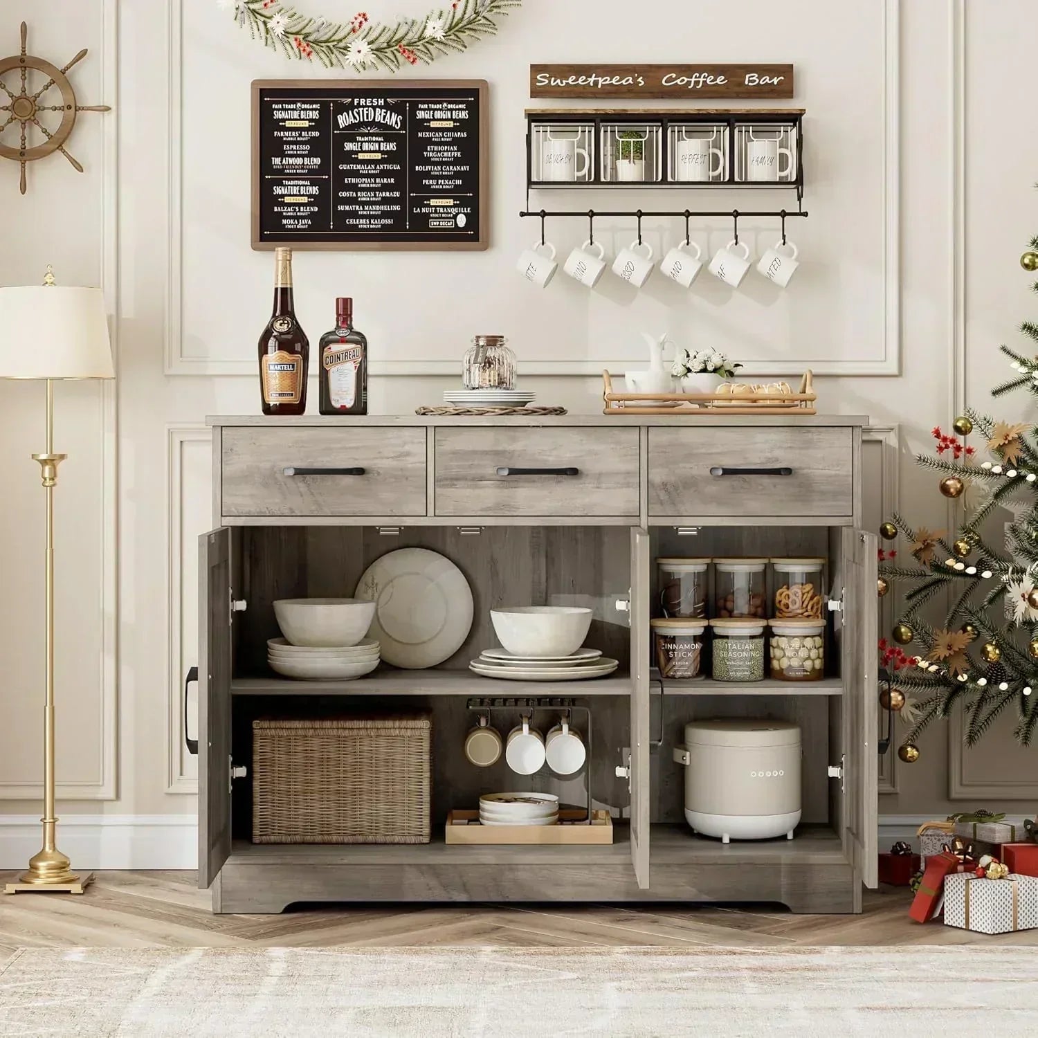 Modern farmhouse sideboard barn door buffet storage cabinet with drawers and shelves
