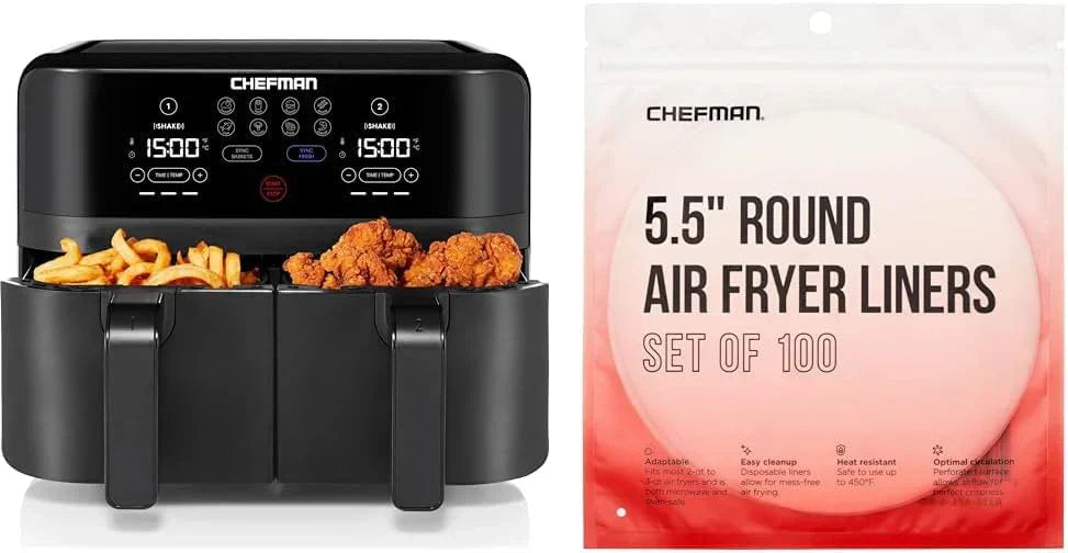 Chefman 6-Quart Dual Basket Air Fryer Digital Touchscreen Smart Sync Finish High-Frying