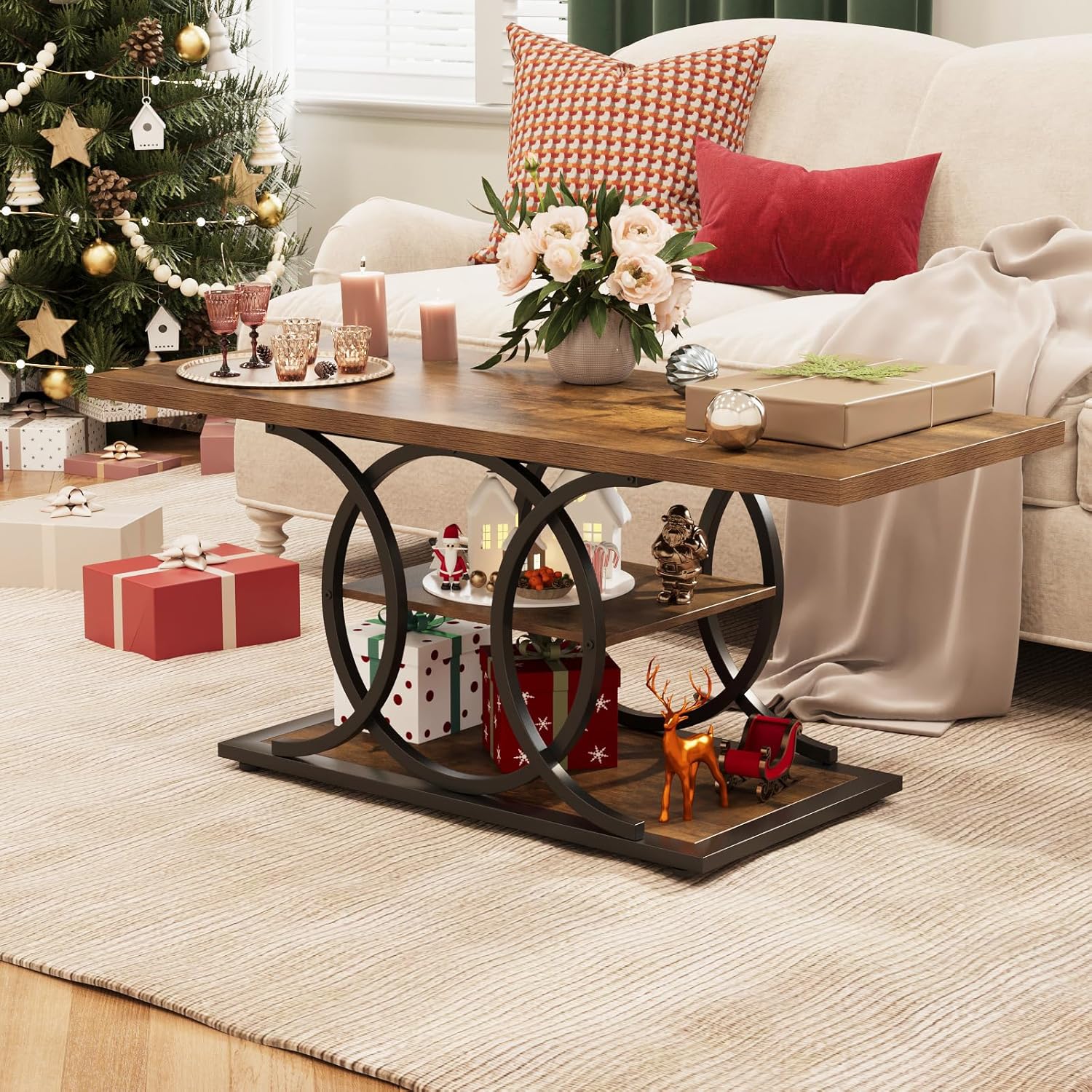 GiftGo Rustic Style Coffee Table Storage Industrial Style Three Tier Centerpiece Living Room Table