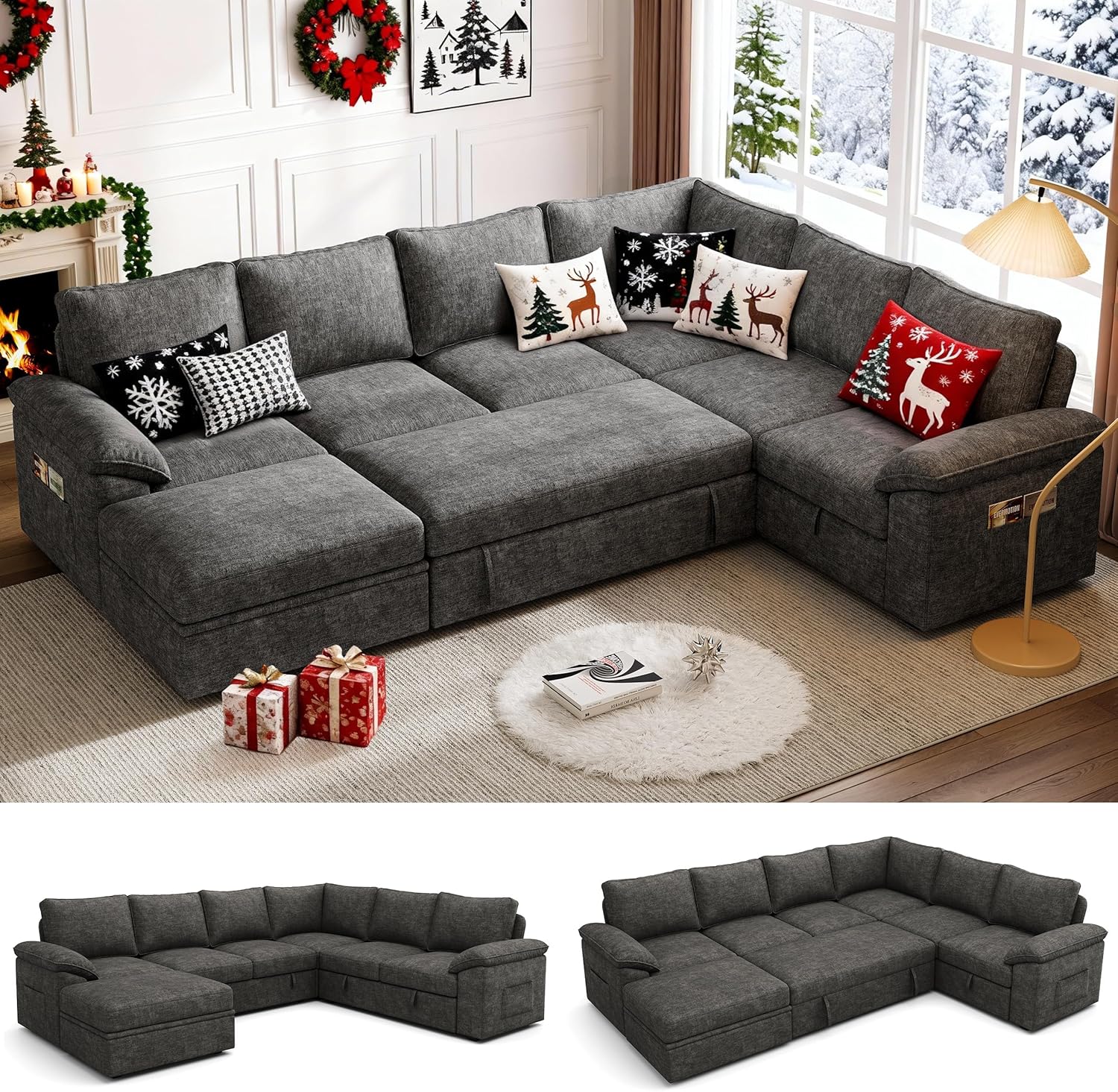 108 Inch Sectional Sleeper Sofa with Pull Out Bed, U Shaped 7 Seat Modular Sectional Sofa