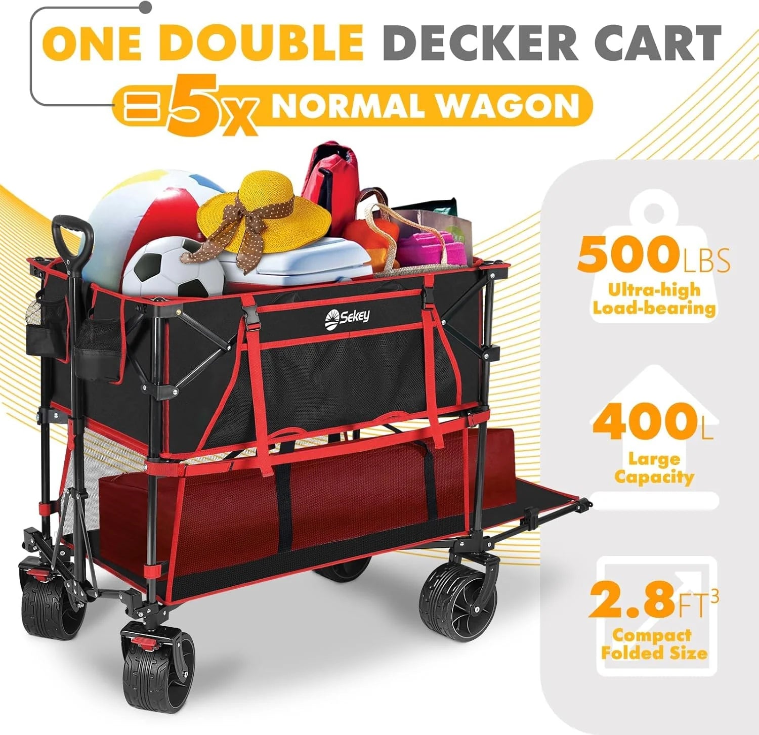 400L Large Capacity Folding Double Decker Wagon with Brakes, 50 Extra Long Extender Cart, 500lbs Heavy Duty Collapsible Wagons