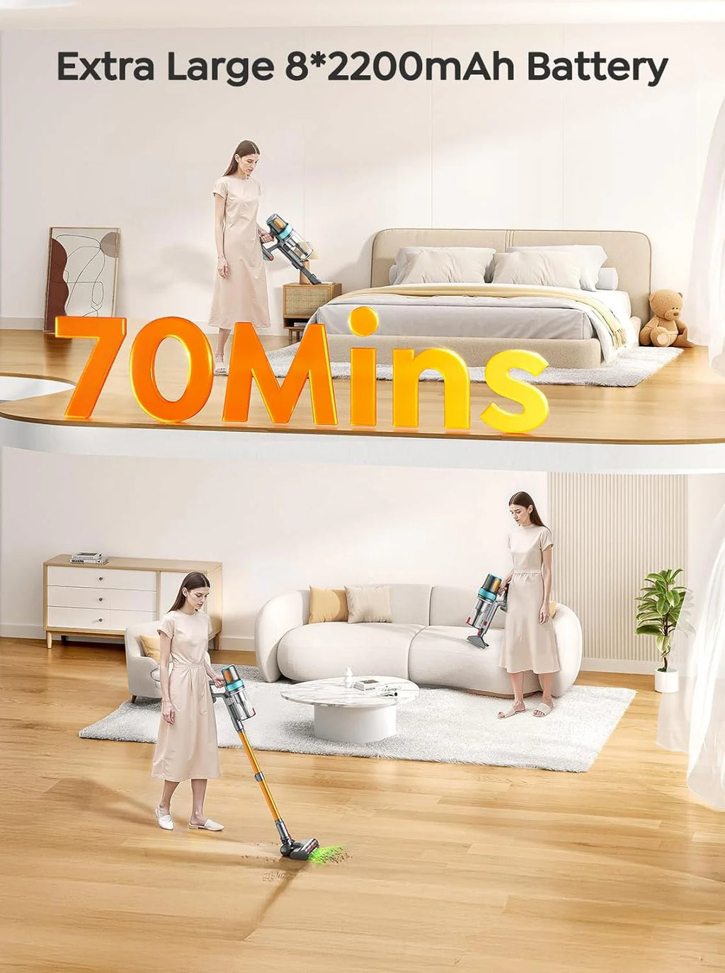 Cordless Vacuum Cleaner, 650W 55KPA 70Mins Vacuum Cleaners for Home, Upgraded Stick Vacuum with 3.3Ft Extendable Hose, LED Touch Screen, Wall Charging Station, Auto Mode for Carpet Pet Hair Hard Floor